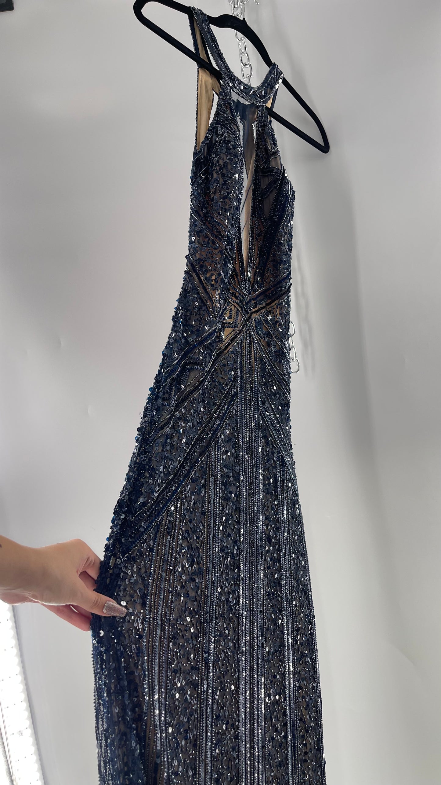 Vintage SCALA Navy Blue Beaded Floor Length Gown with Plunging Neckline, Backless Detail, and Tan Underlay (C)(4)