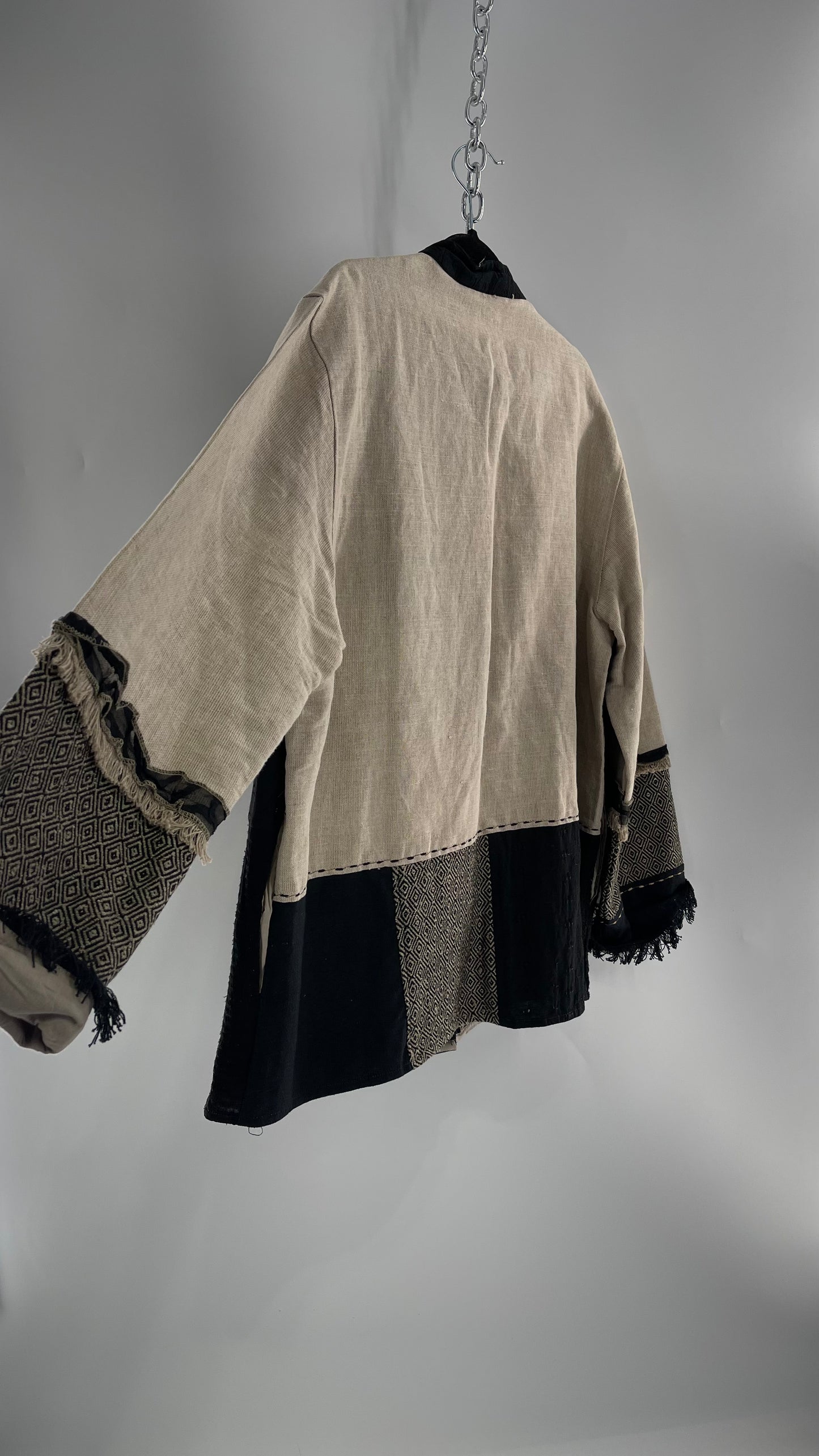 Deadstock Vintage Flashback Patchwork Coat with Mixed Neutral Fabrics, Embroidery and Fringe Details (Large)