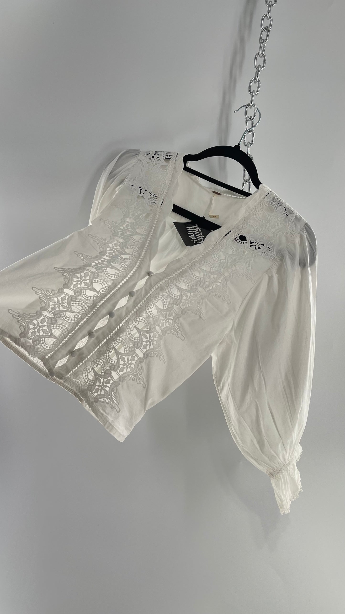 Free People White Puff Sleeve Prairie Blouse with Lace Details (Small)