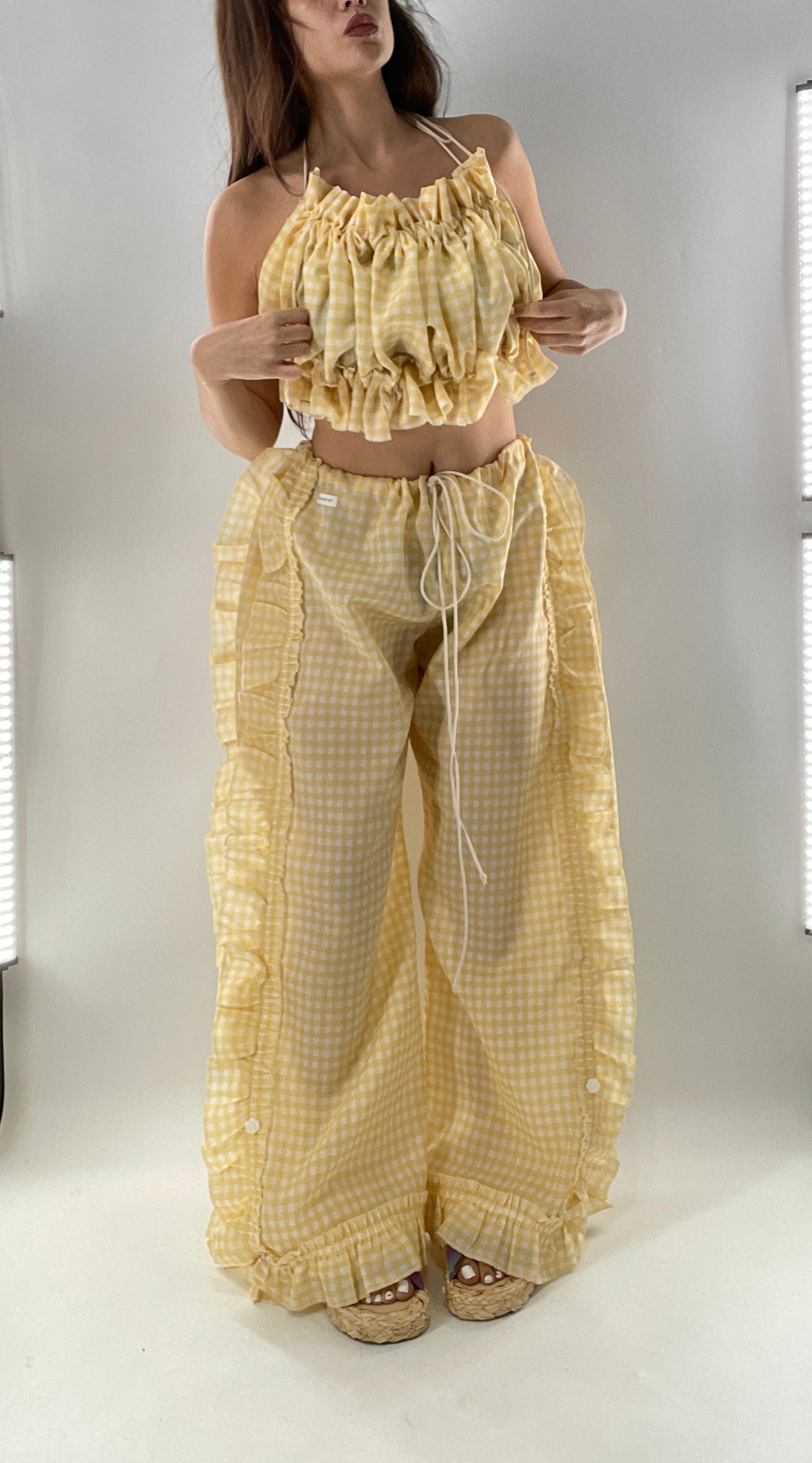 Vintage 2 Piece Yellow Checkered/Gingham Patterned Picnic Set with Ruched Bust Top and Ruffle Side Wide Legs with Adjustable Length, Strap Up Buttons on Hem (One Size)