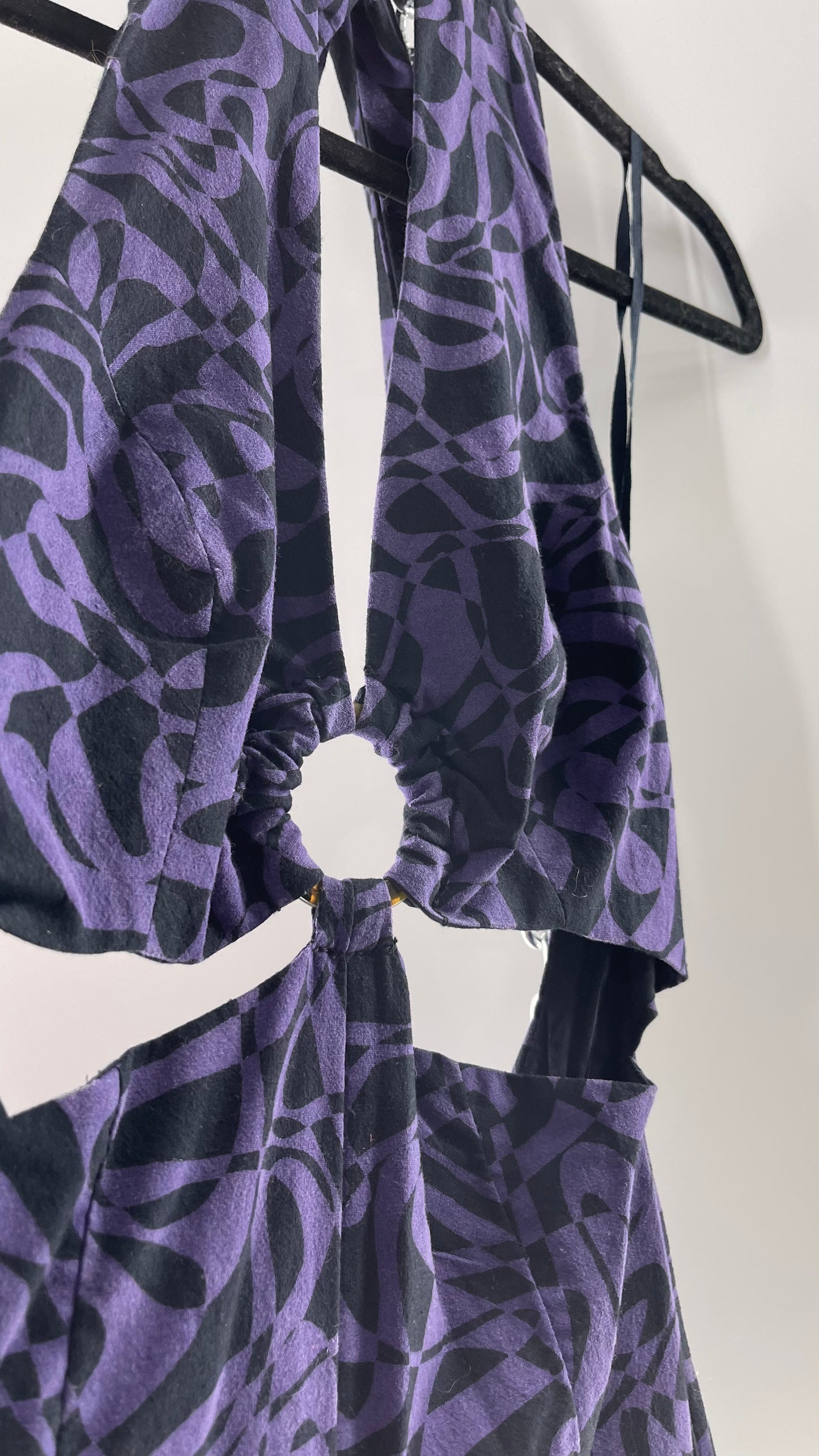 Free People Kira Retro Black and Purple Wide Leg Halter Jumpsuit with Tortoise Bust Loop (XS)