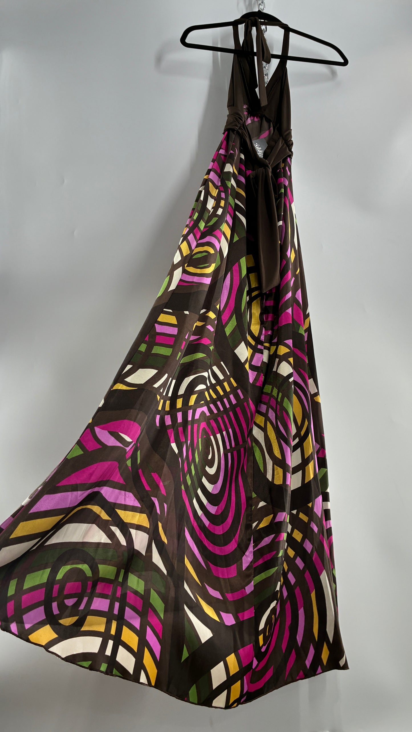 Vintage Candies Brown Patterned Gown with Belted Bust and Halter Neckline (Medium)
