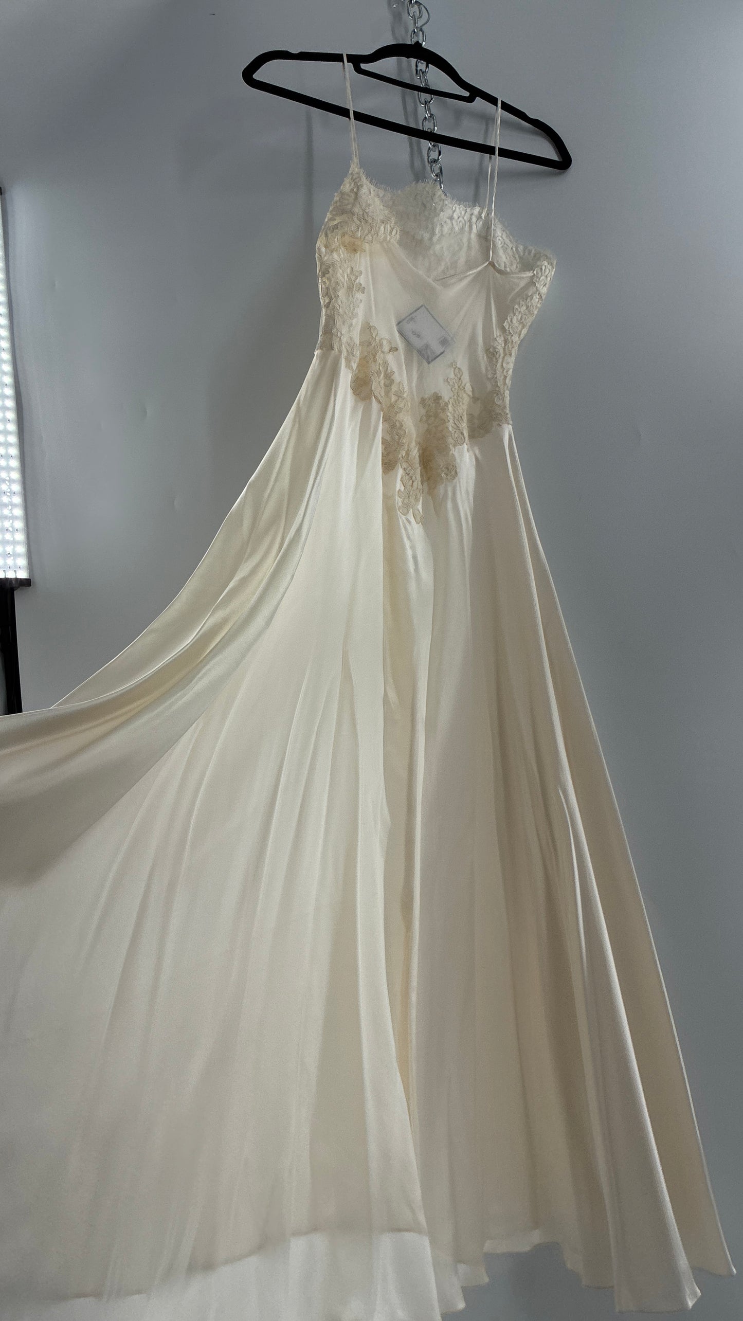 Vintage JONQUIL 100% Silk Gown with Heavy Lace Appliqués and Low Cut Sheer Back (Medium)