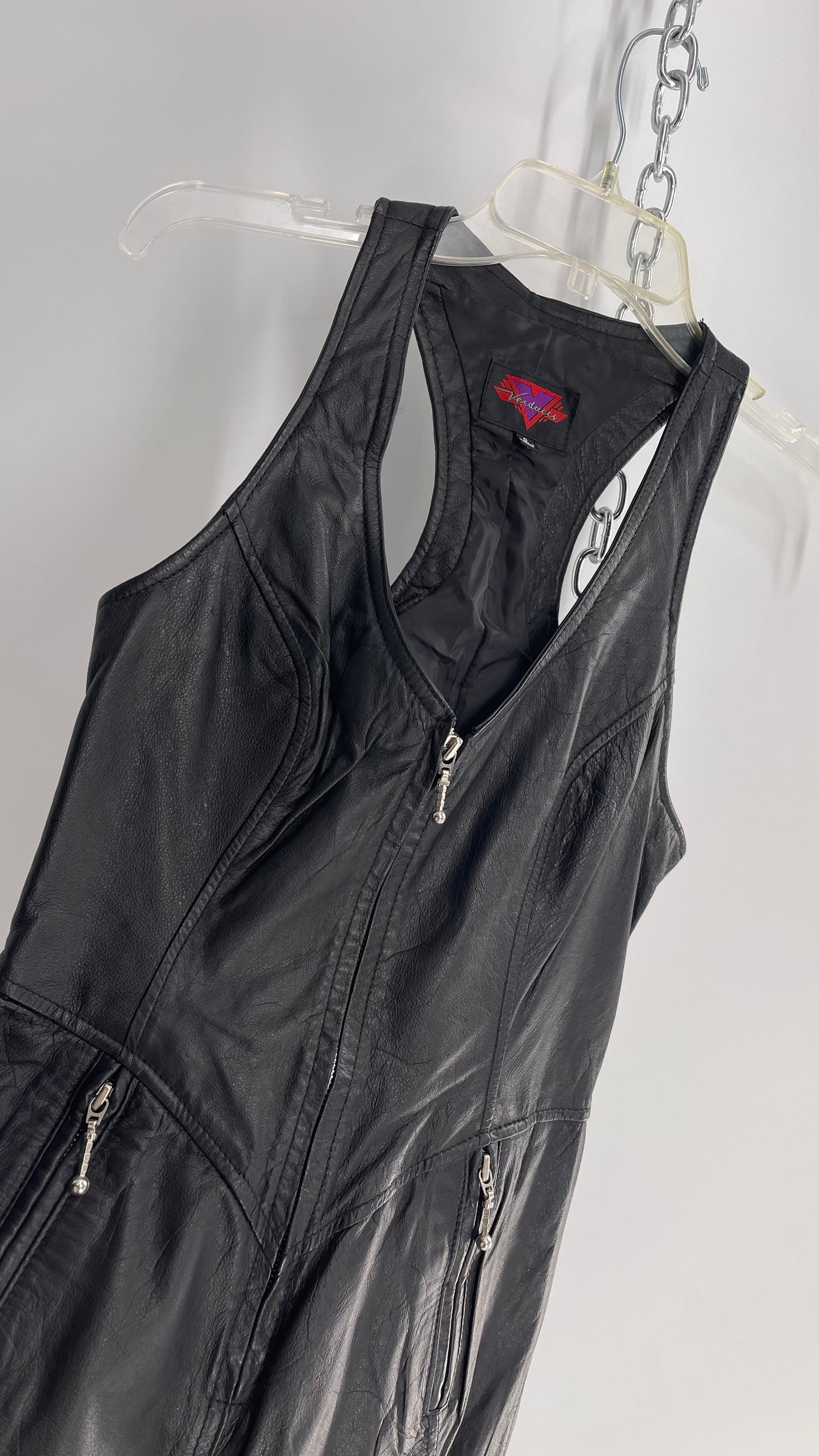 Vintage 1980s VERDUCCI Black Leather Zip Front Mini Dress (Small)