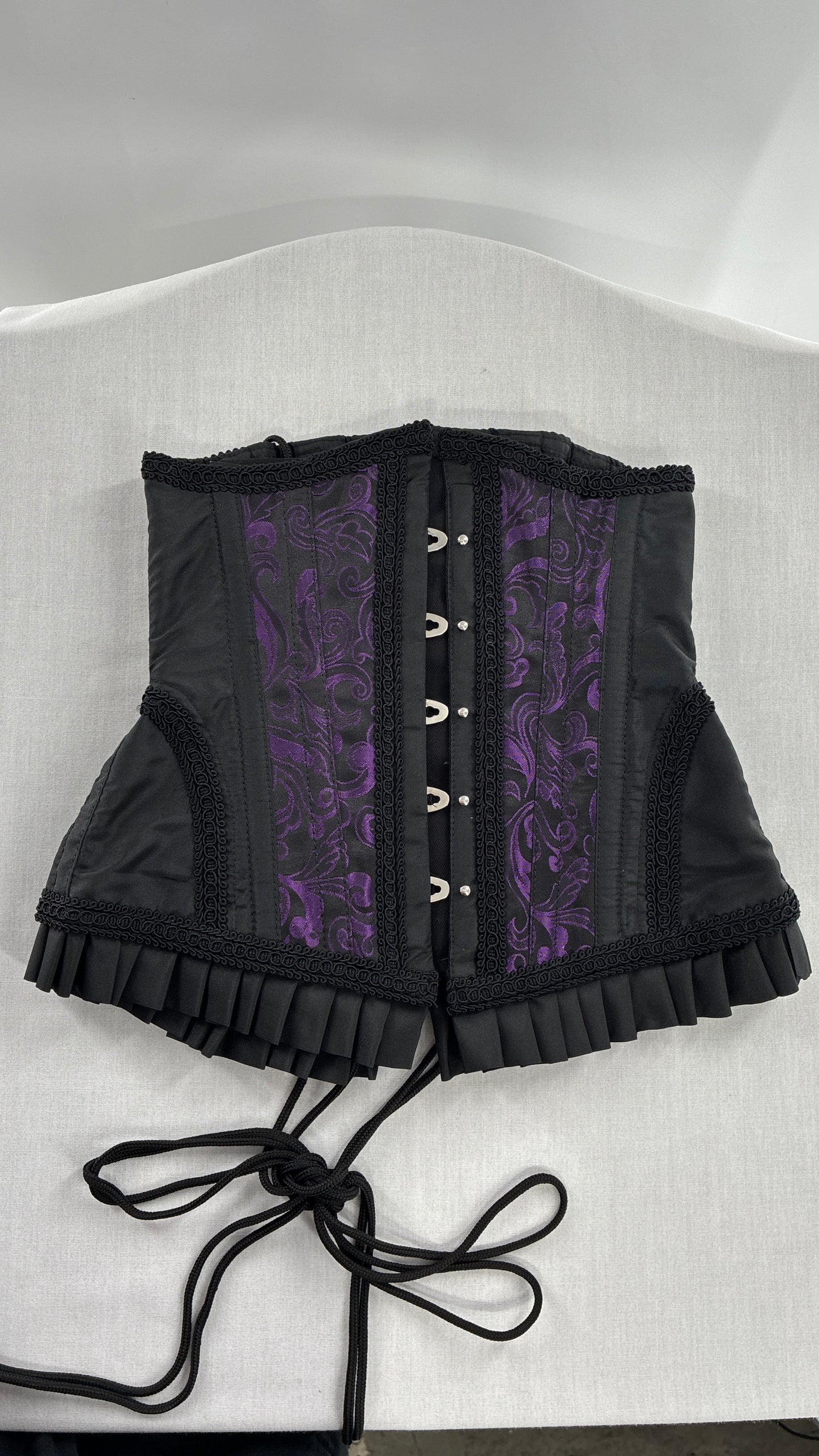 Vintage Black and Purple Brocade Corset with Pleated, Ruffled Hem (Sz 22)
