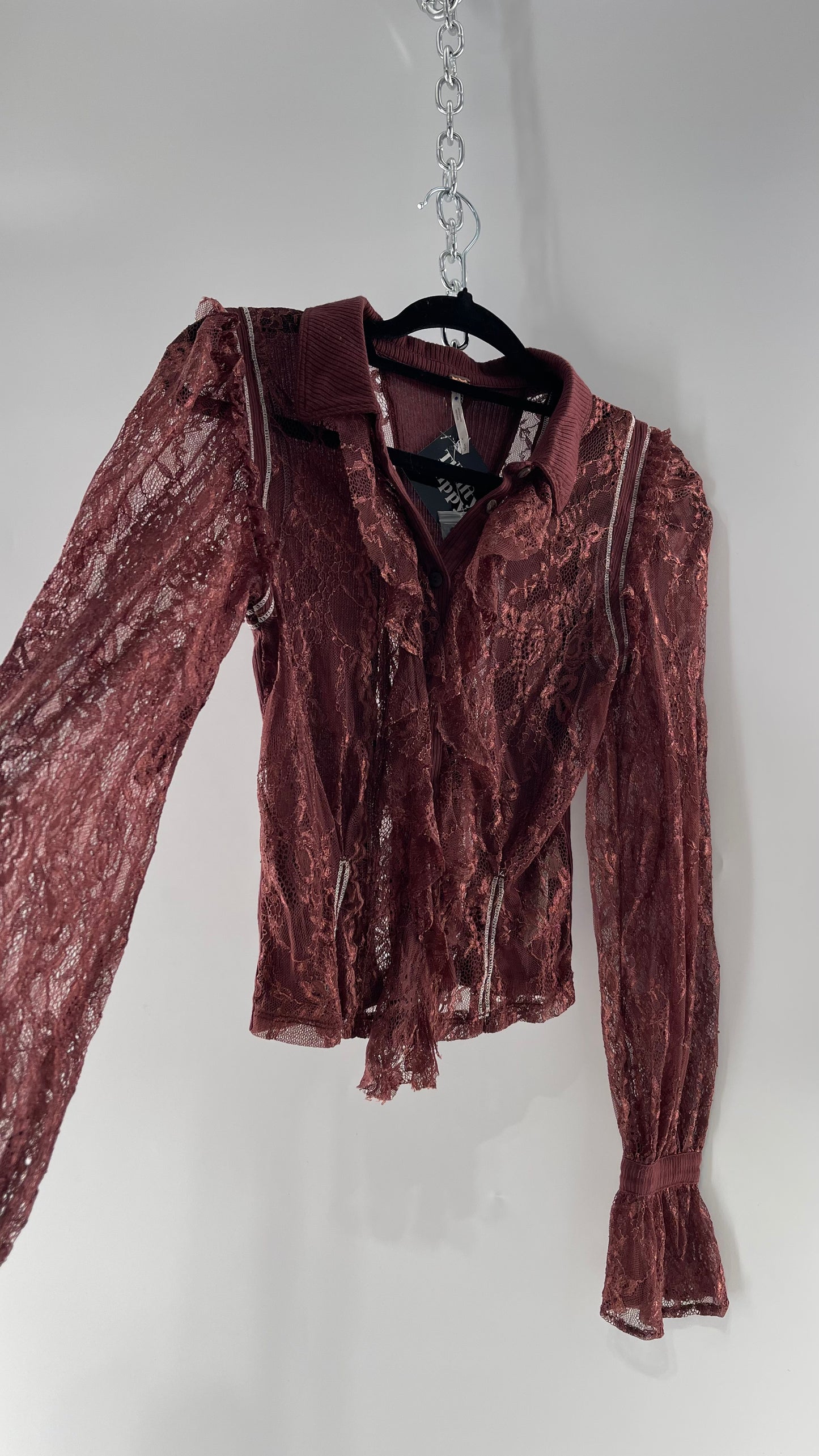 Free People Burgundy Lace Button Front Blouse with Balloon Sleeves and Ruffle Front Detail (Small)