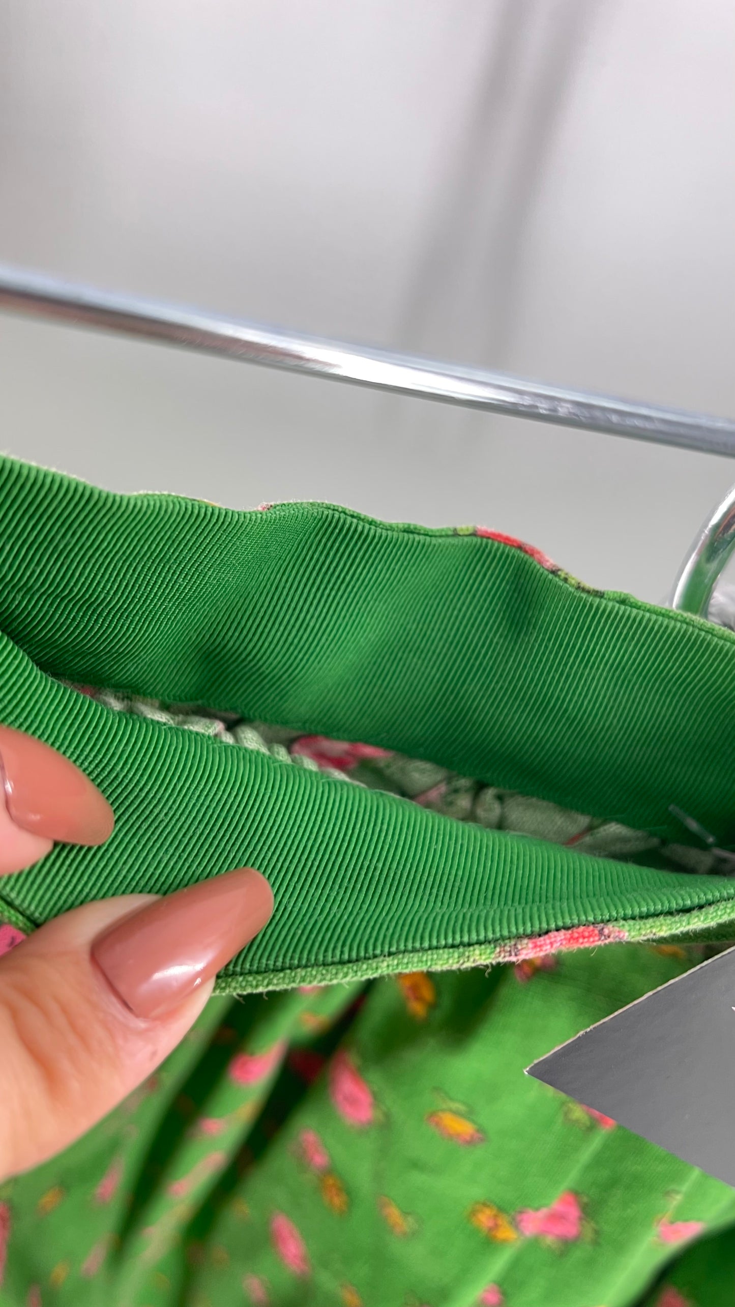 Vintage Imported Cotton Kelly Green Skirt with Pink Roses (XS)