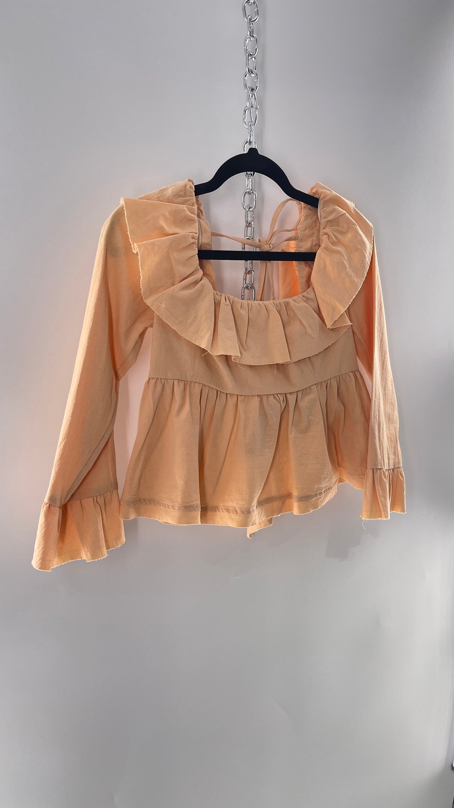 Free People Pumpkin Light Orange Backless Bow Back Cropped Blouse with Ruffle Sleeve and Neckline (XS)
