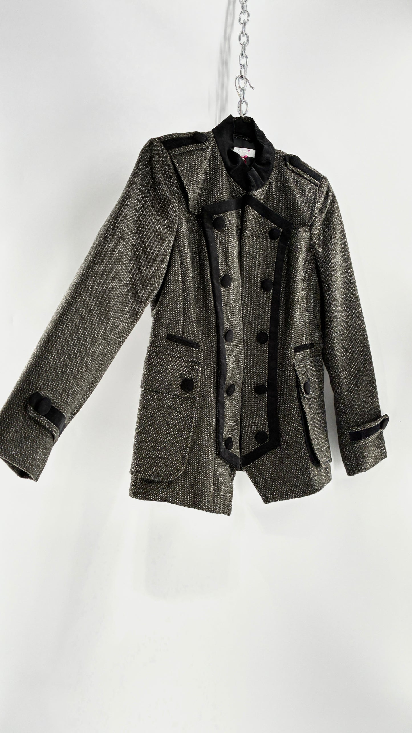 Deadstock Vintage PER UNA 41% Wool Grey Drummer Military Jacket with Black Velvet Piping and Tags Attached (12)