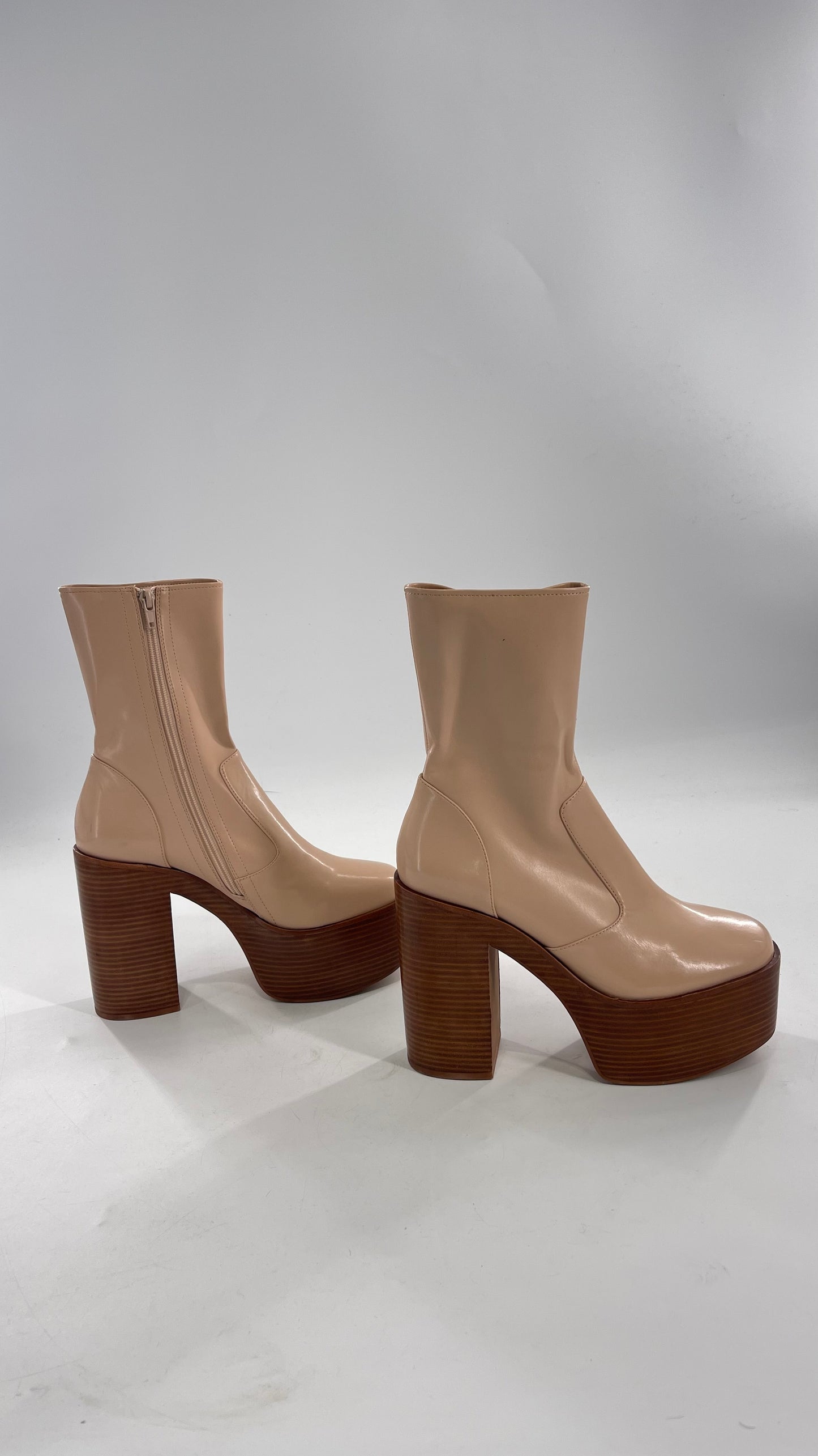 Free People X Jeffrey Campbell Mexique GoGo Boots • Beige Patent Boot with Wood Grain Chunky Block Heel and Platform (9)