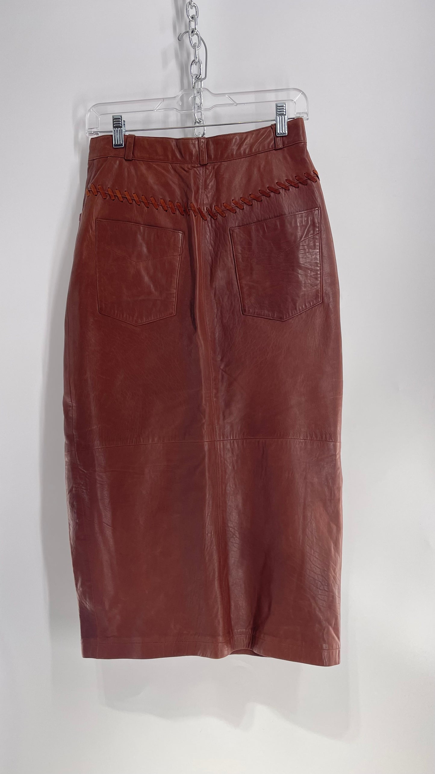Vintage Diario Italian Brown Leather Long Skirt with Suede Stitch Detail (36)