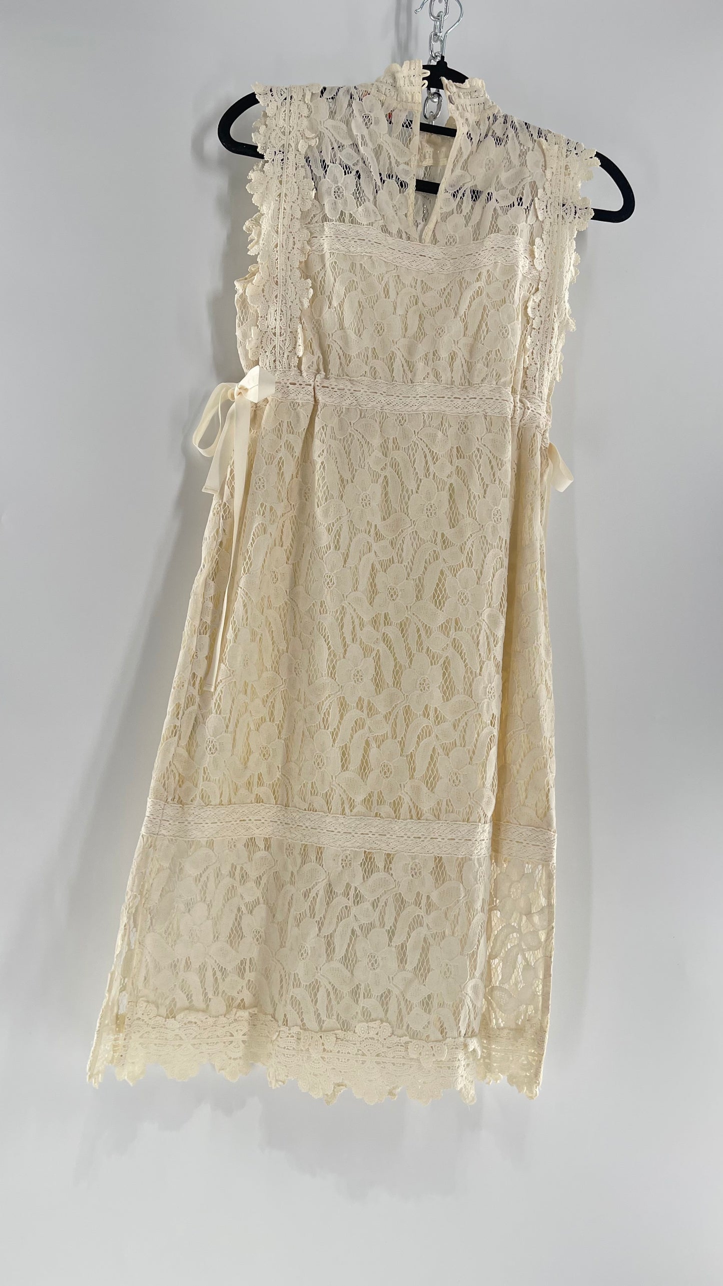Eri + Ali Anthropologie Velvet Lace MIDI Dress with High Neckline and Side Bow Ties(XS)