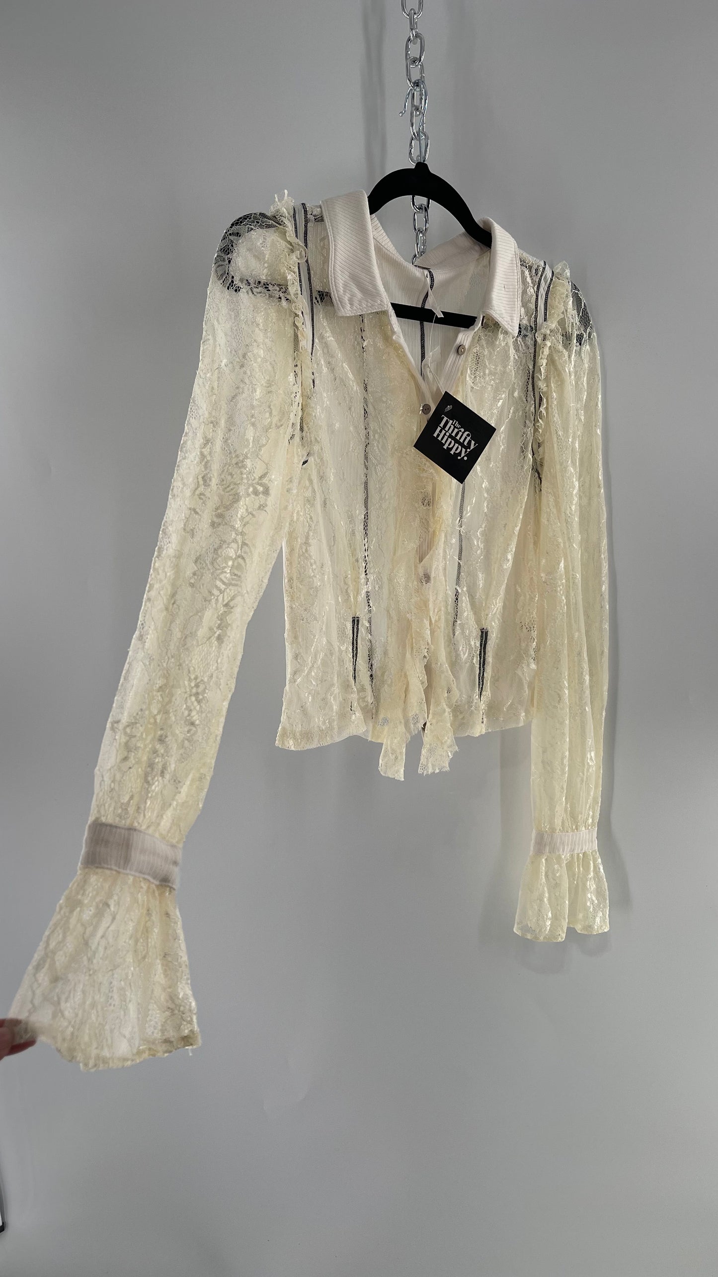 Free People White Lace/Ribbed BodyCon Button Up with Tags Attached (Large)