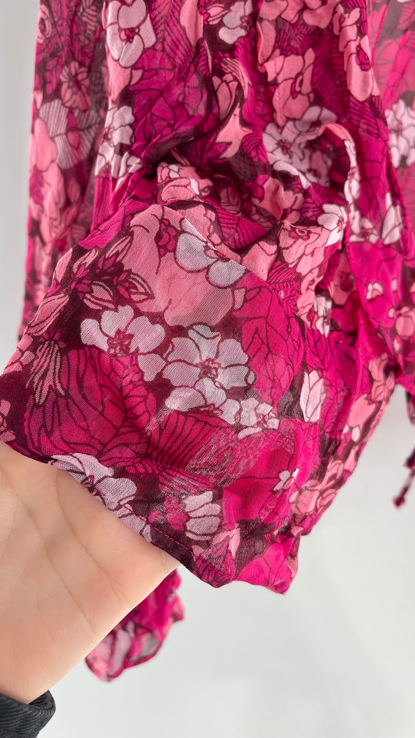 Urban Outfitters Fuchsia 100% Viscose Floral Tie Front, Ruffled Blouse
