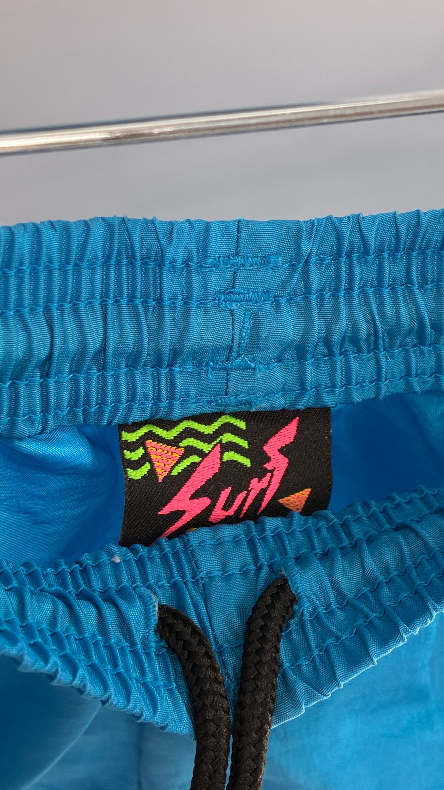 Vintage 1980s SURF STYLE Unisex Blue Track Workout Set with Windbreaker and Shorts, Neon Graphics (Small)