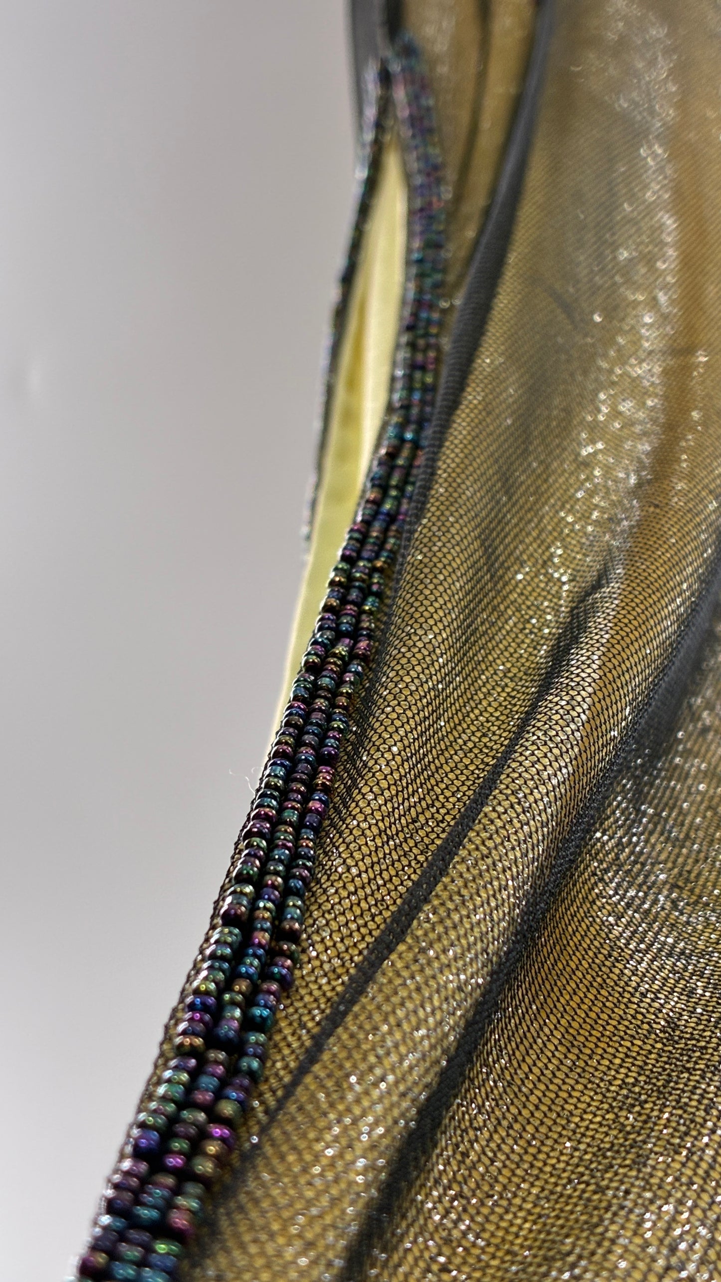 Vintage 1990s One of a Kind Handmade, Green Gown with Beaded Koi Fish, Metallic Tulle Overlay, and Symmetric Back (Medium)