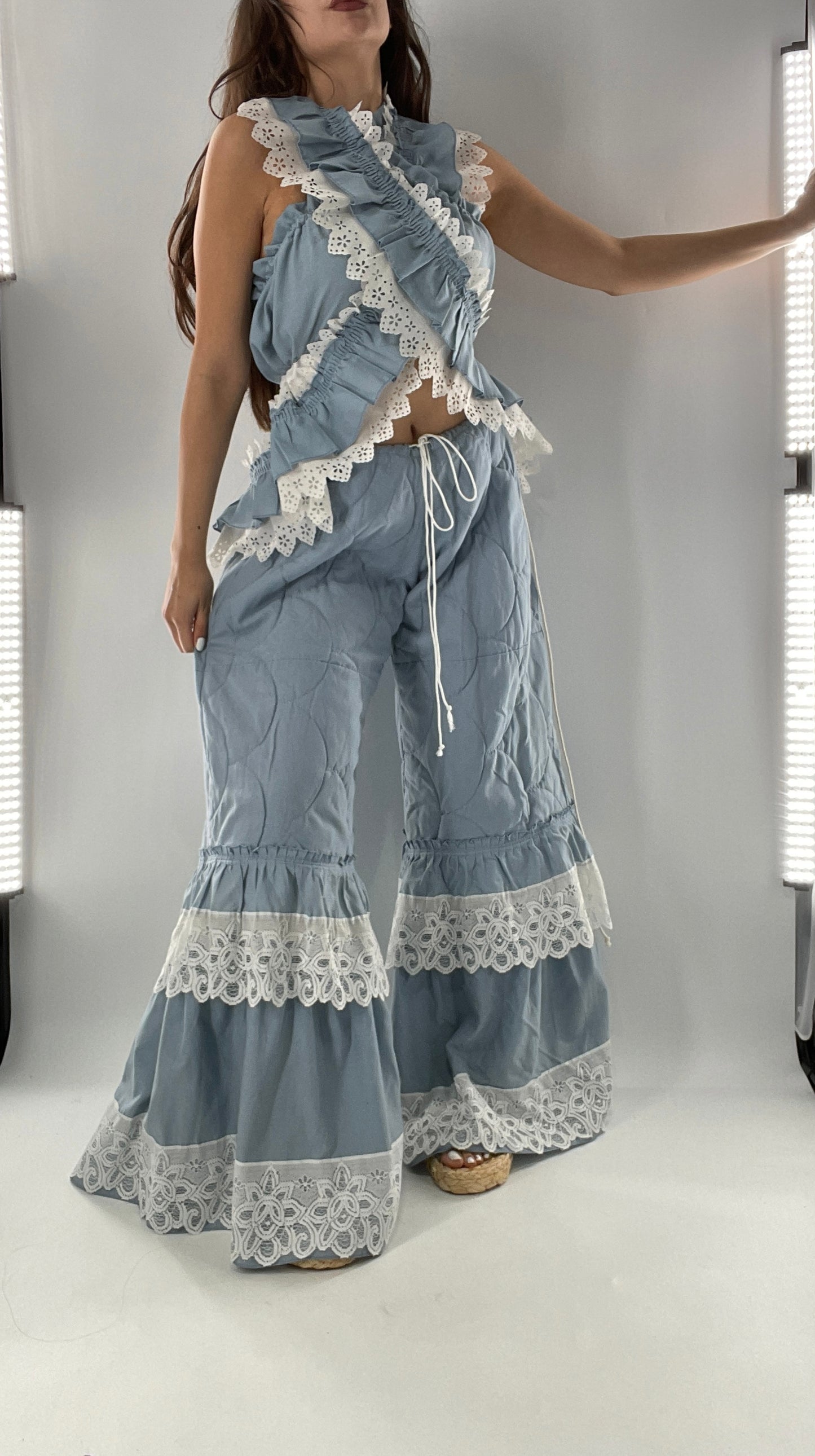 Vintage 2 Piece Powder Blue Set Featuring 2Way Blouse and Quilted Trousers Covered in Ruffles, Lace and Trim (One Size)