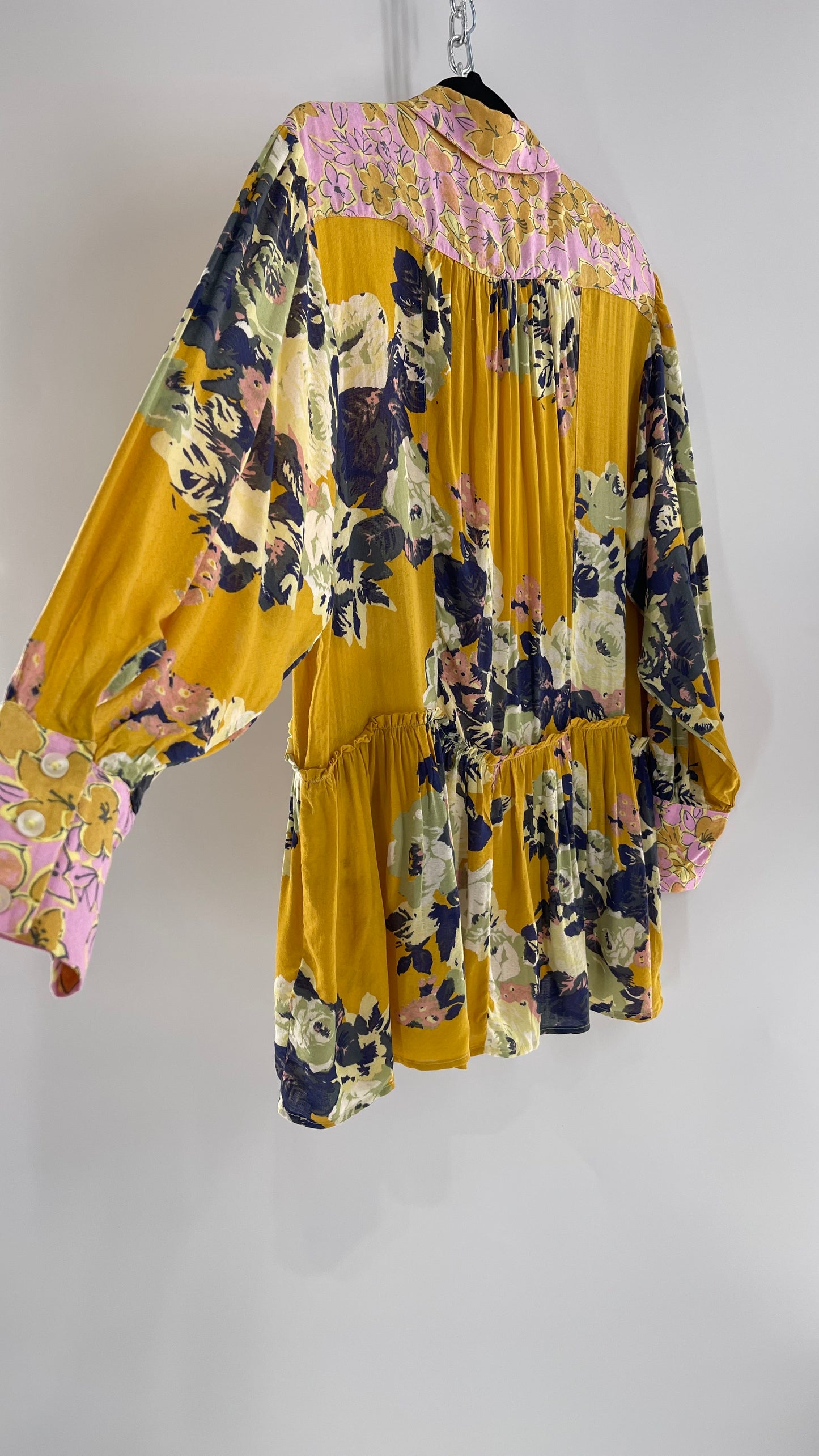 Free People Oversized Button Up Contrast Pattern Yellow Floral Blouse (XS)