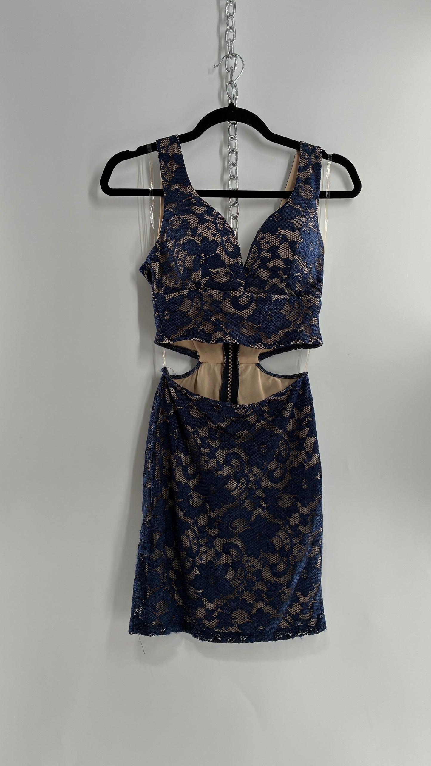 EMERALD SUNDAE Navy Blue Lace Cut Out Mini Dress with Built in Bra (Small)