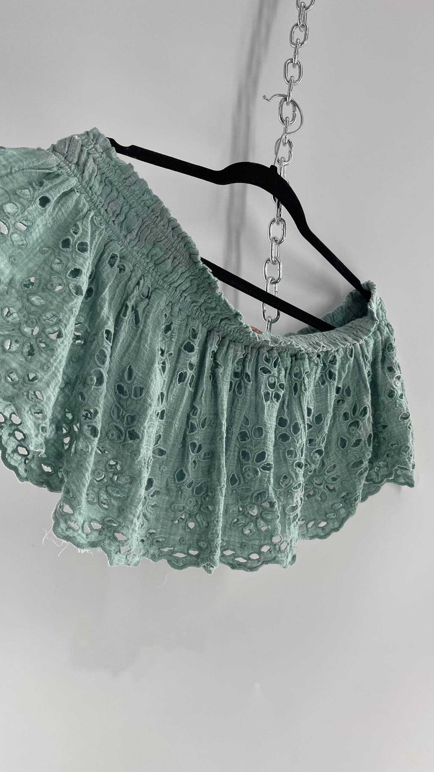 Free People Eyelet Cotton Teal Blue Off the Shoulder Ruffle Bandeau (Medium)