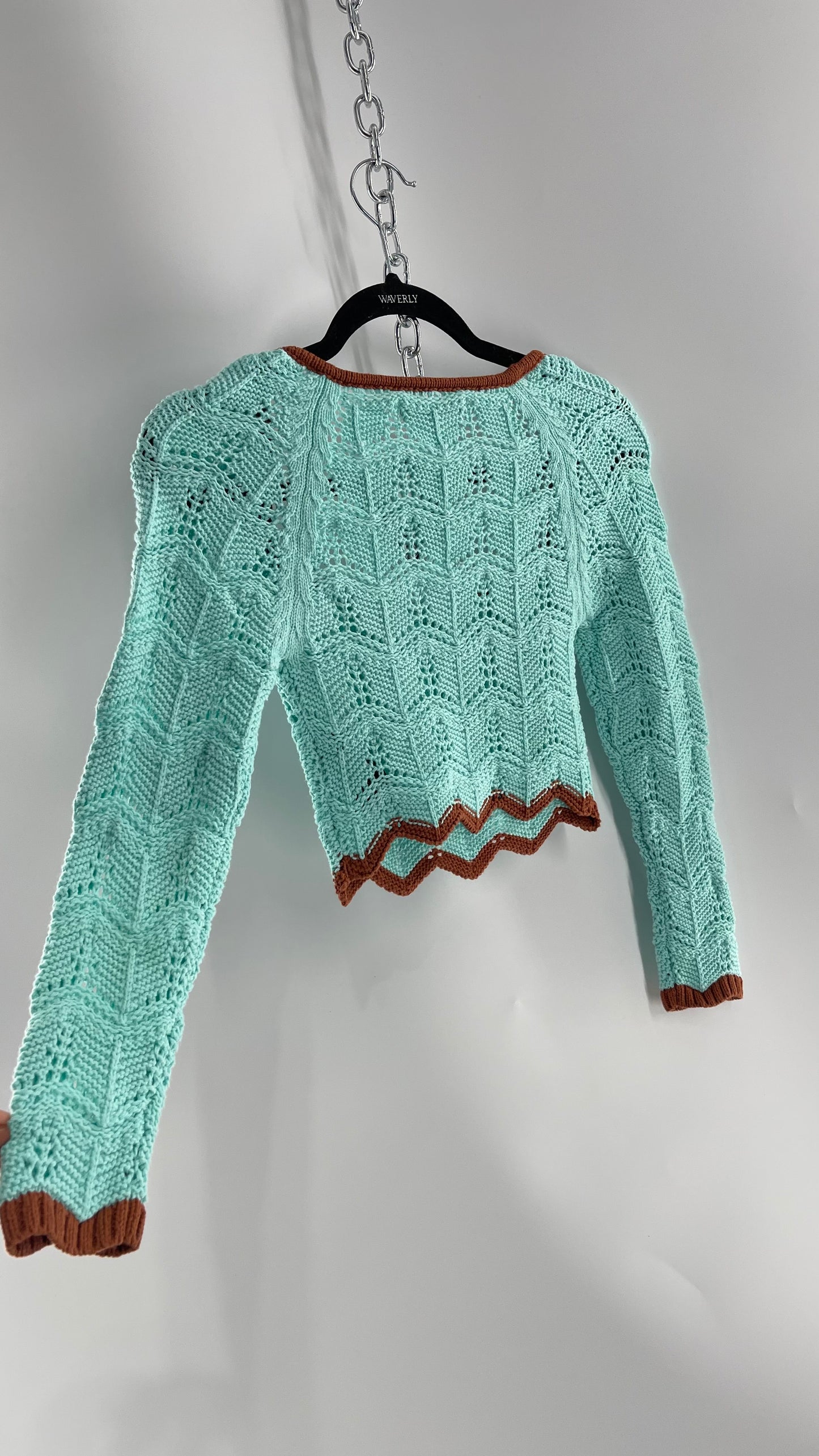 Urban Outfitters Baby Blue Cropped Knit Top with Brown Piping and Ribbon Neckline (XS)