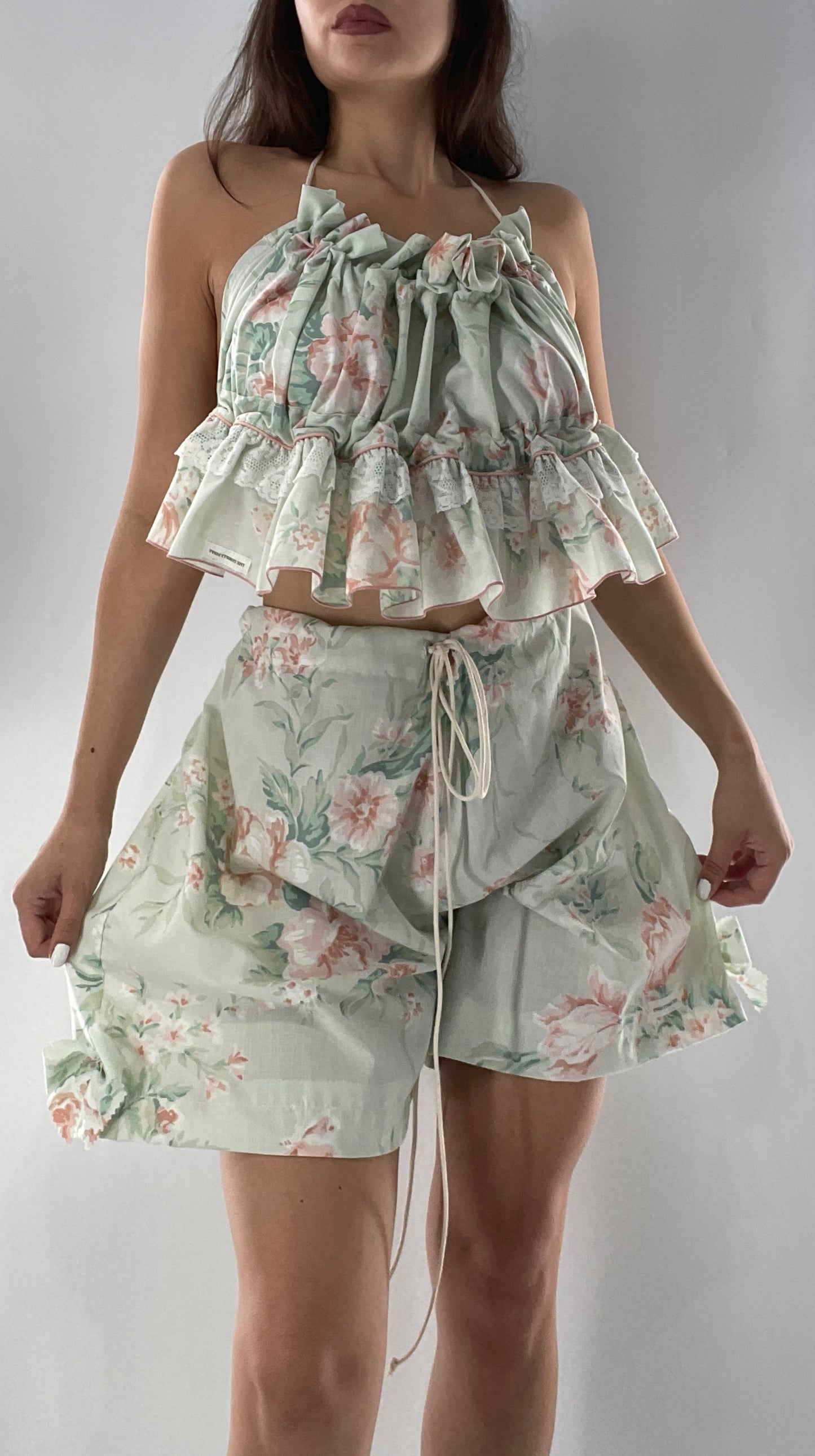 Vintage 2 Piece Bloomers and Babydoll Blouse Set Covered in Delicate Florals, Ruffles, Bows and Lace (One Size)