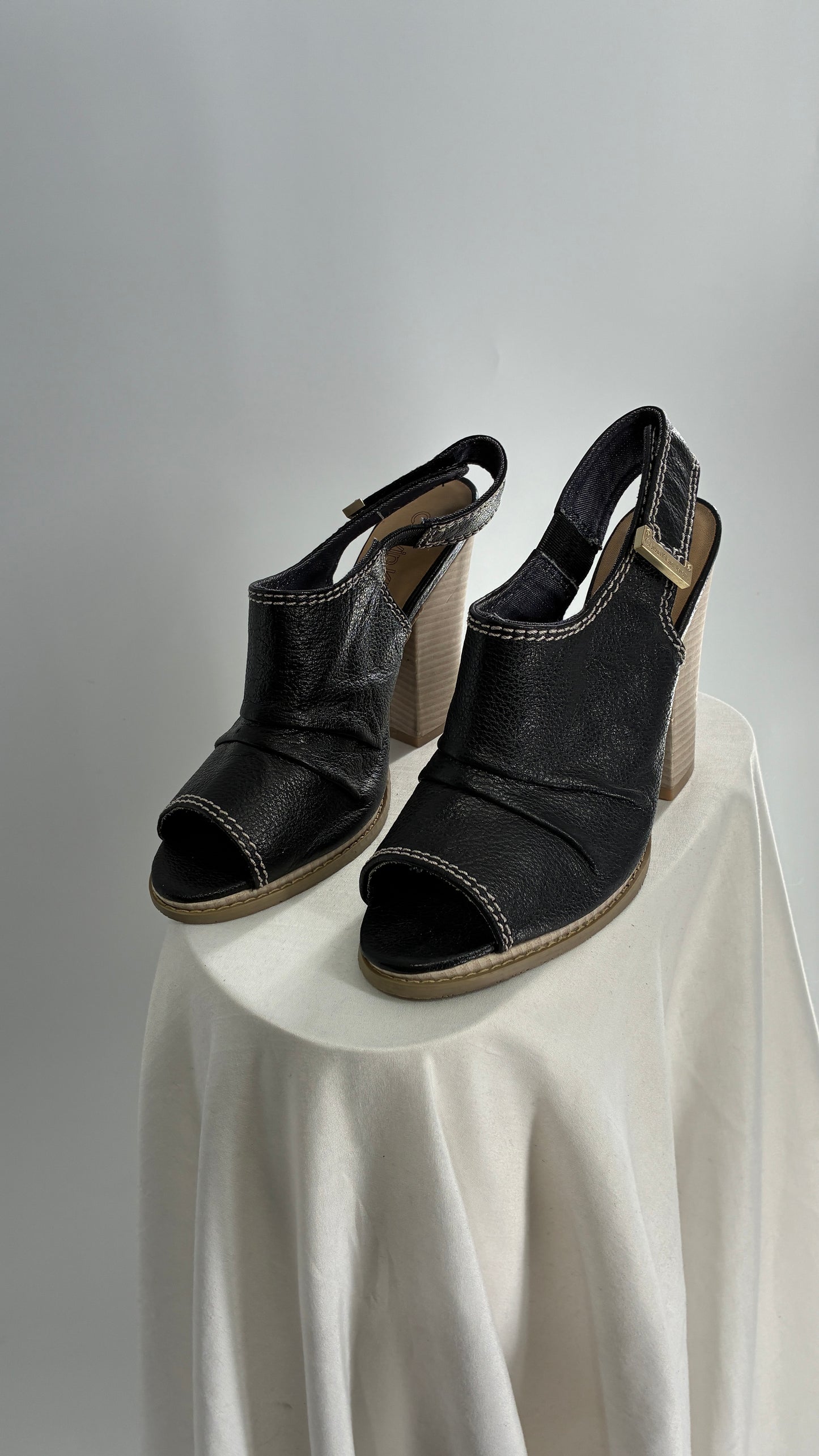 Calvin Klein Peep Toe, Ruched Black Leather Block Heel Slingbacks (7.5)
