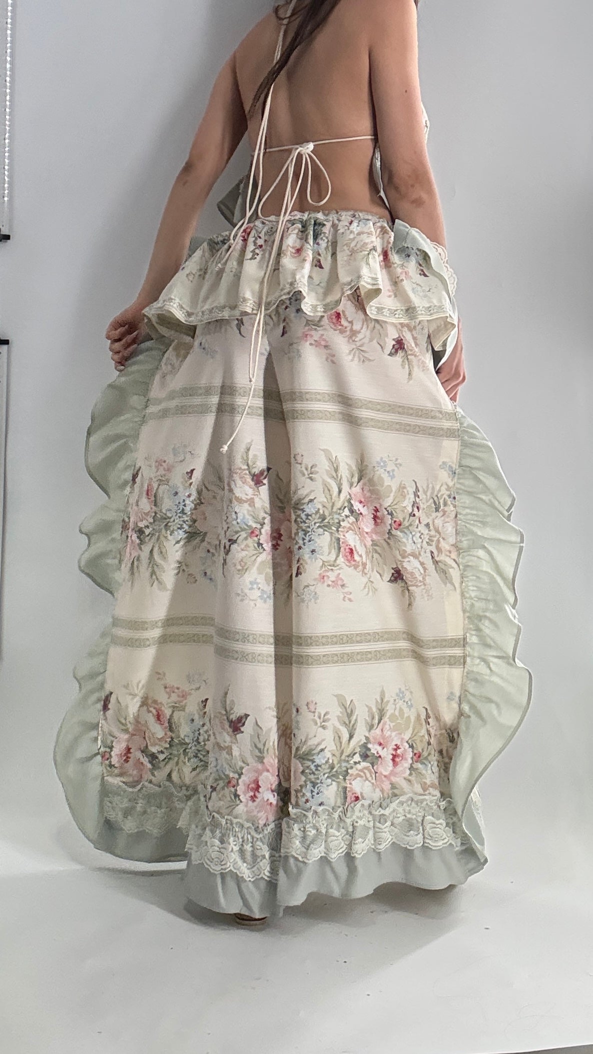 Handmade Vintage Muted Florals Two Piece Set with Adjustable Waist and Bust Lines (XS-XL)