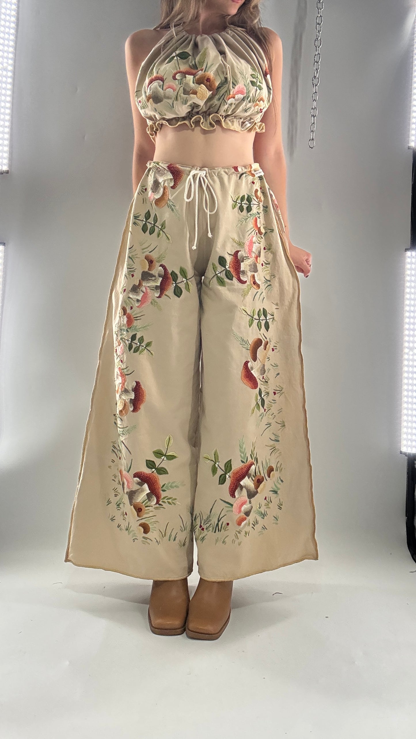 Vintage Custom Handmade and Hand Embroidered Two Piece Set with Mushrooms, Vines, and Ladybugs (XS-L)