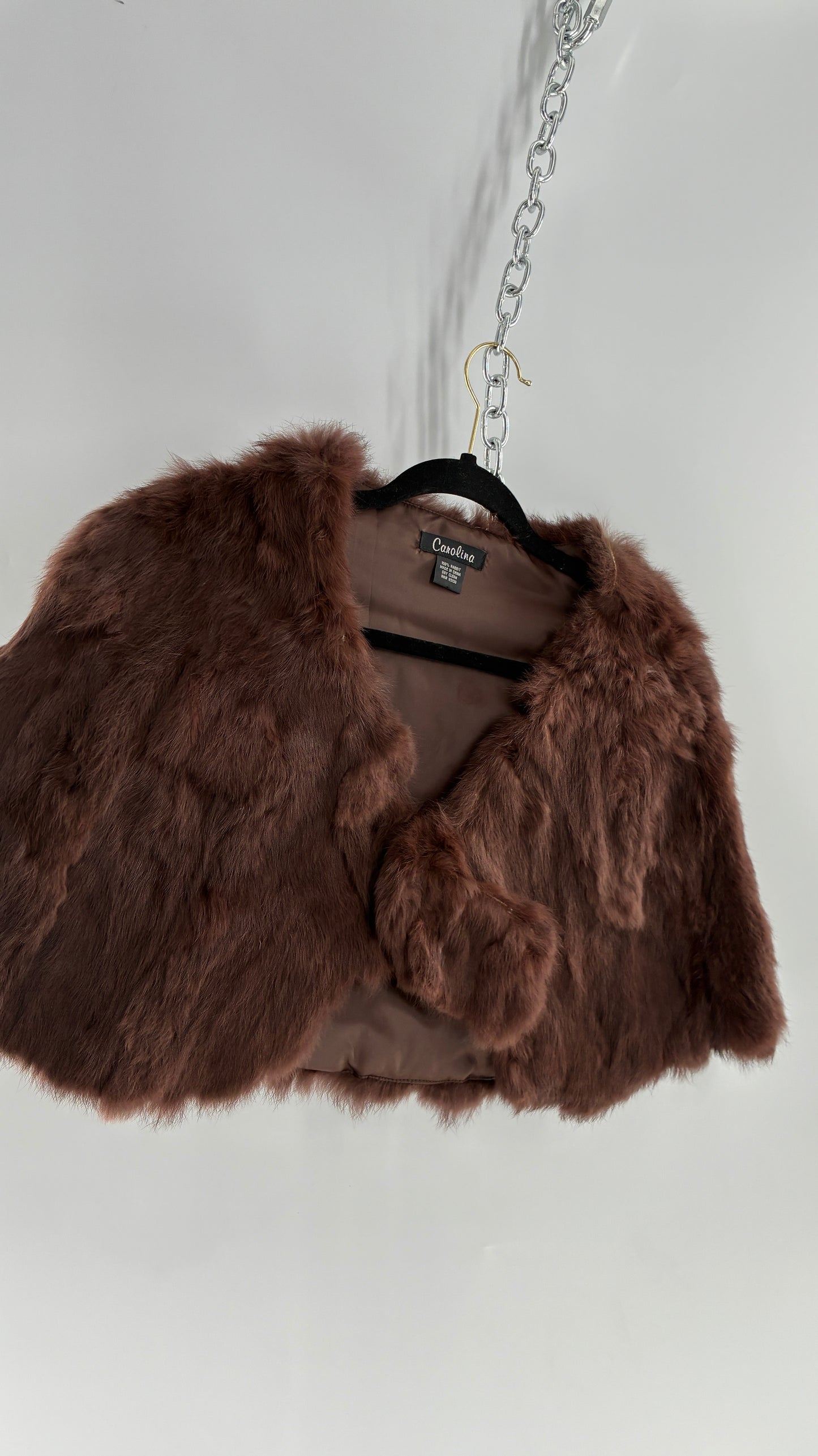 Vintage CAROLINE 100% Rabbit Fur Brown Shrug Cape with Oversized Round Buckle (One Size)