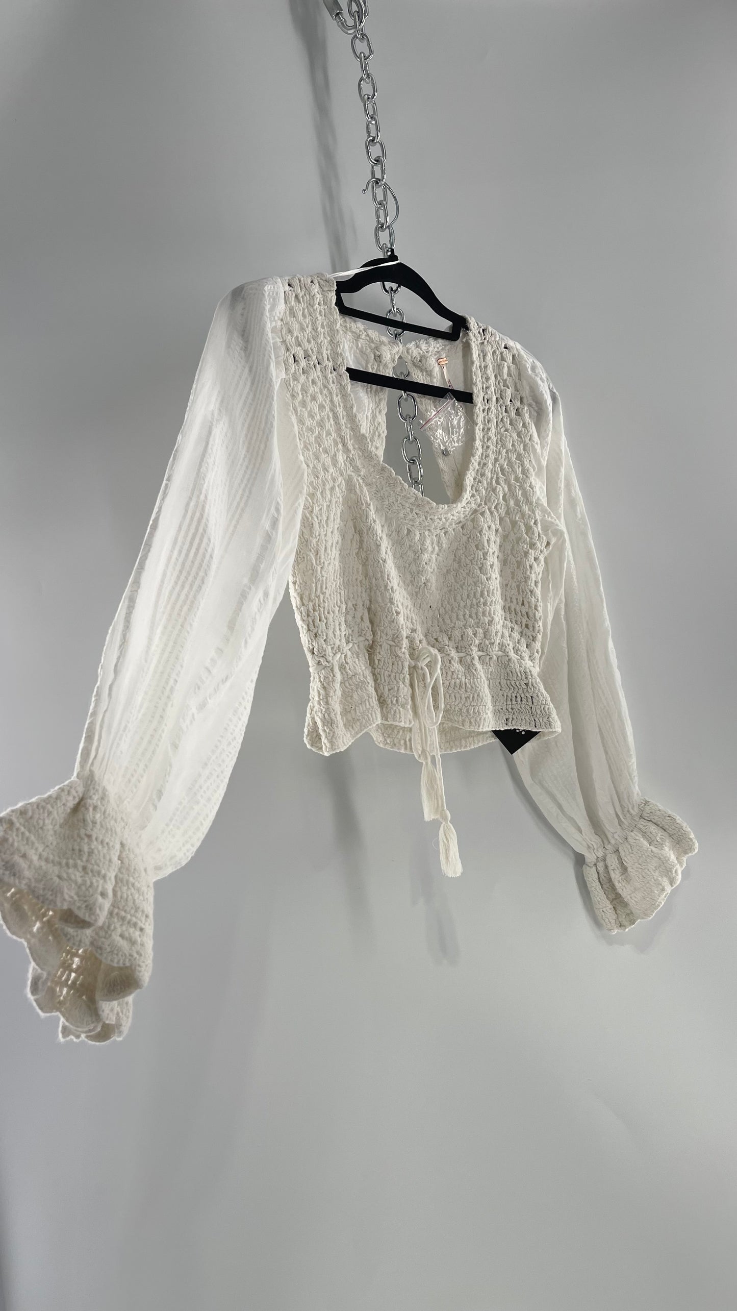 Free People White Megan Blouse with Crochet Knit Bodice and Open Back (XS)
