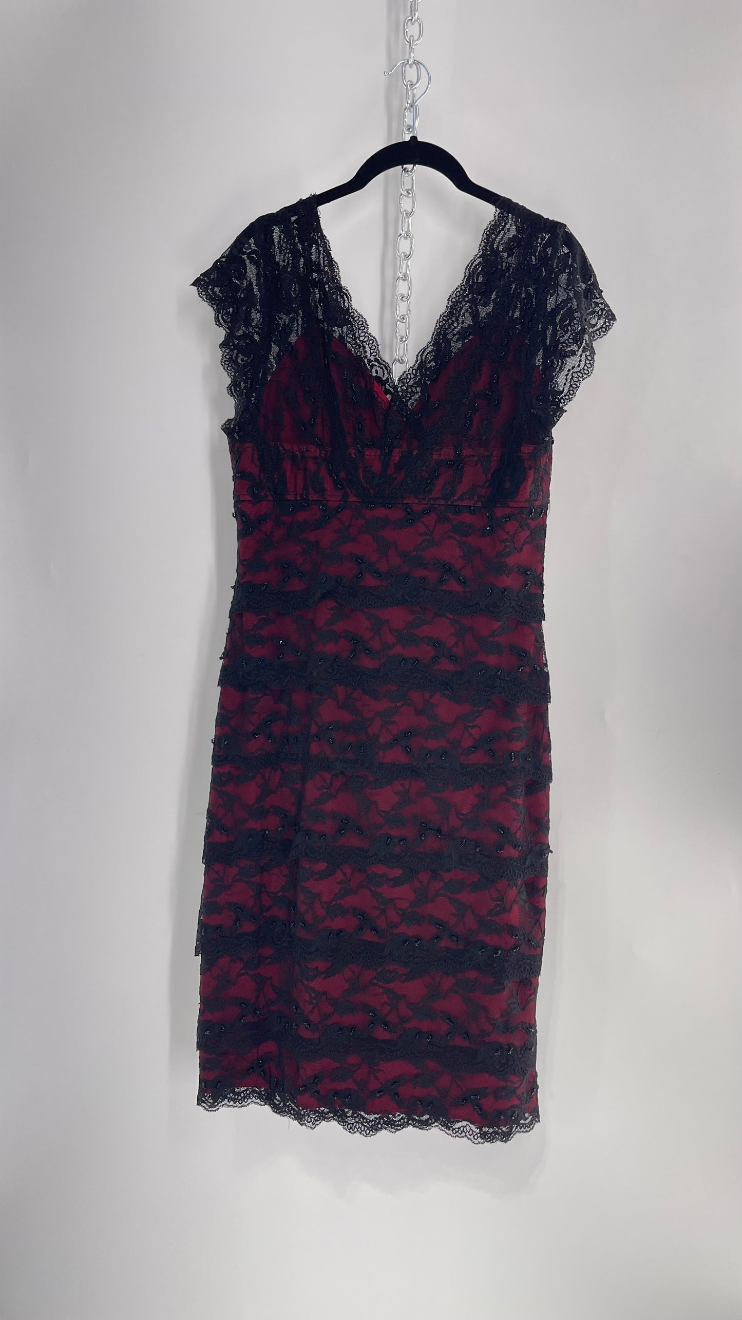 Vintage Marina Vampira Mídi Dress with Beading and Scalloped Black Lace Over Red Underlay (12) (Consigned)