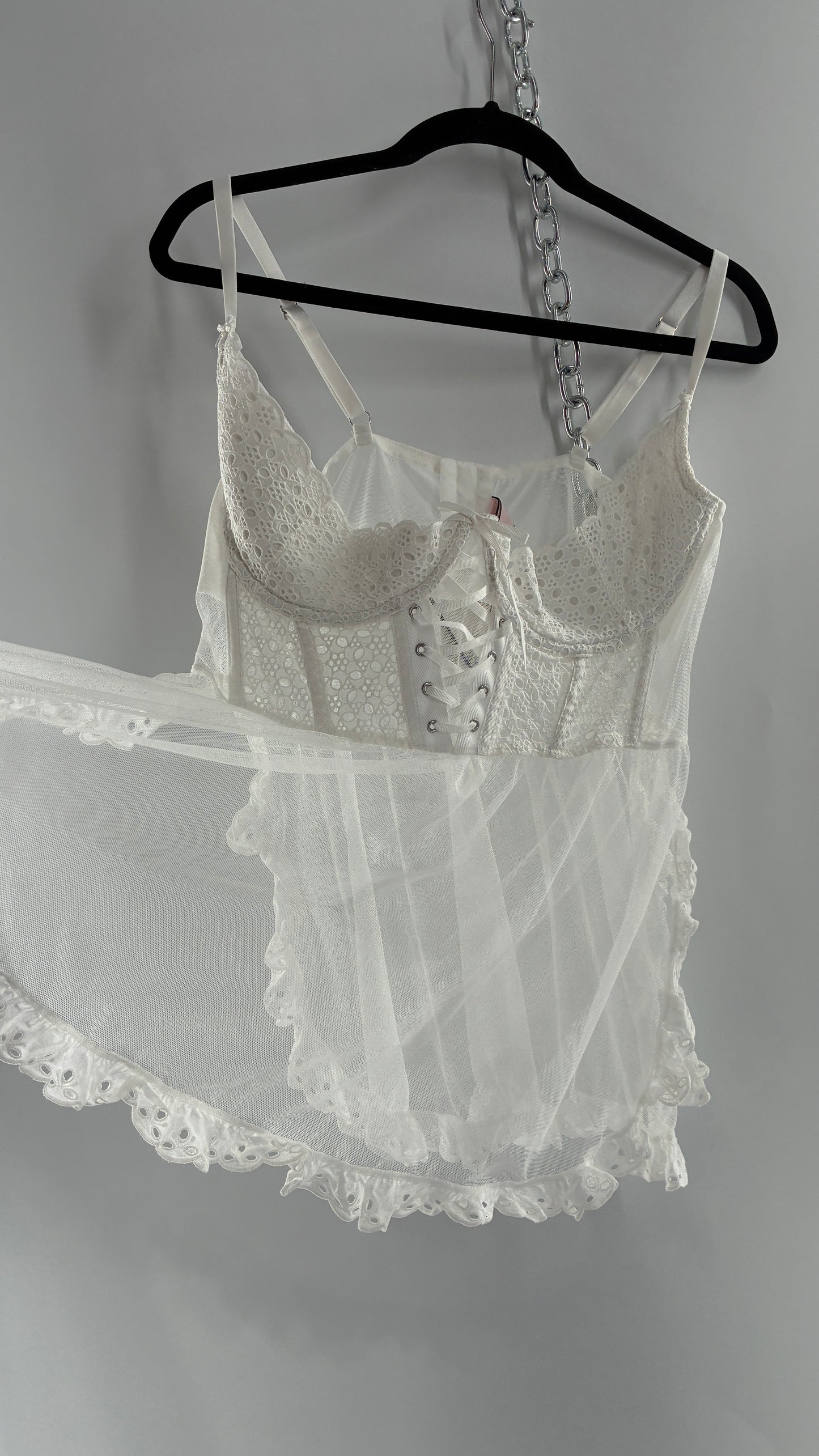 Vintage VICTORIA’S SECRET White Eyelet Lace Bustier with Mesh Skirt (XXL)