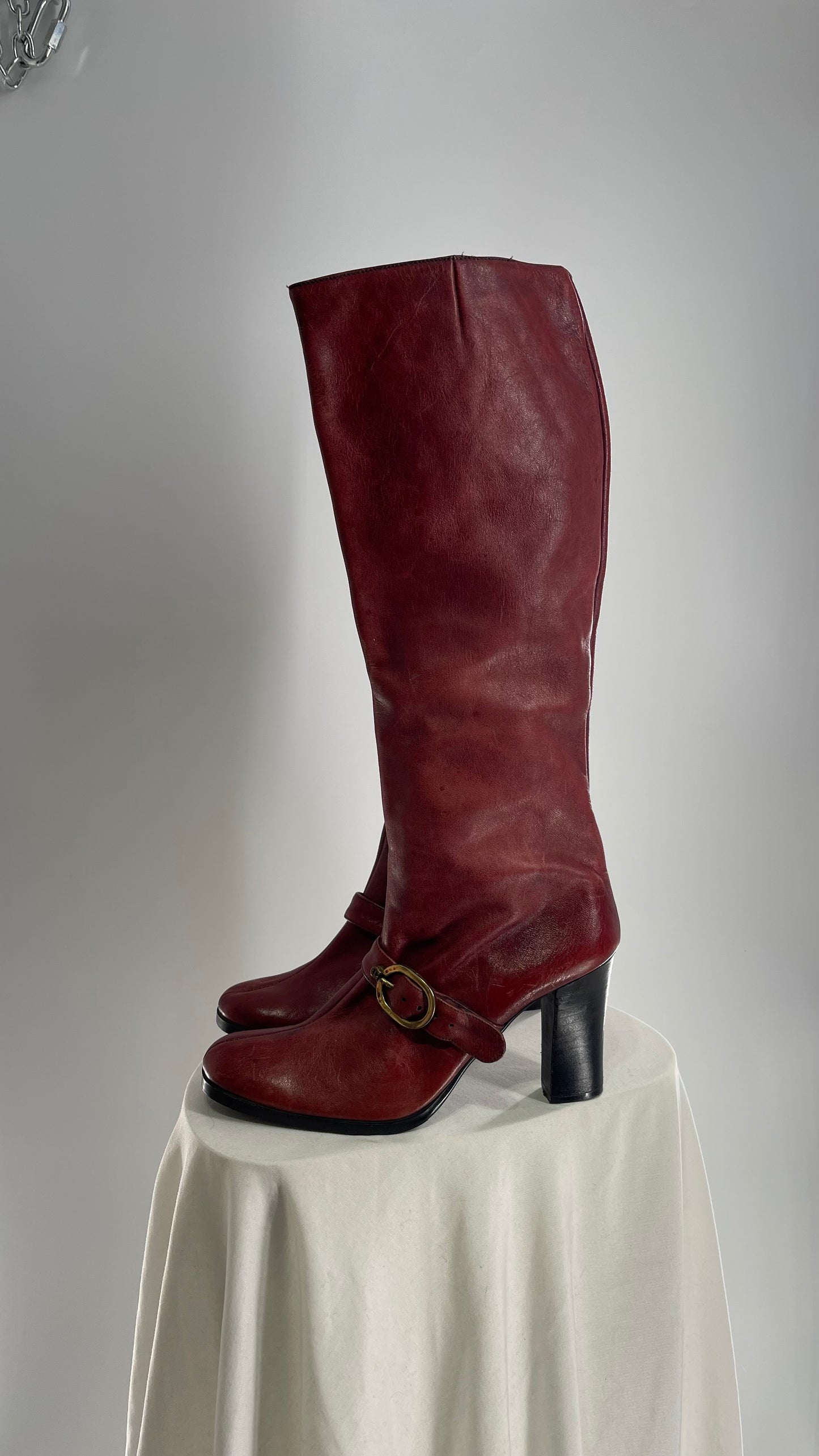 Vintage Etienne Aigner Red Italian Leather Boots with Buckle Strap (8.5)