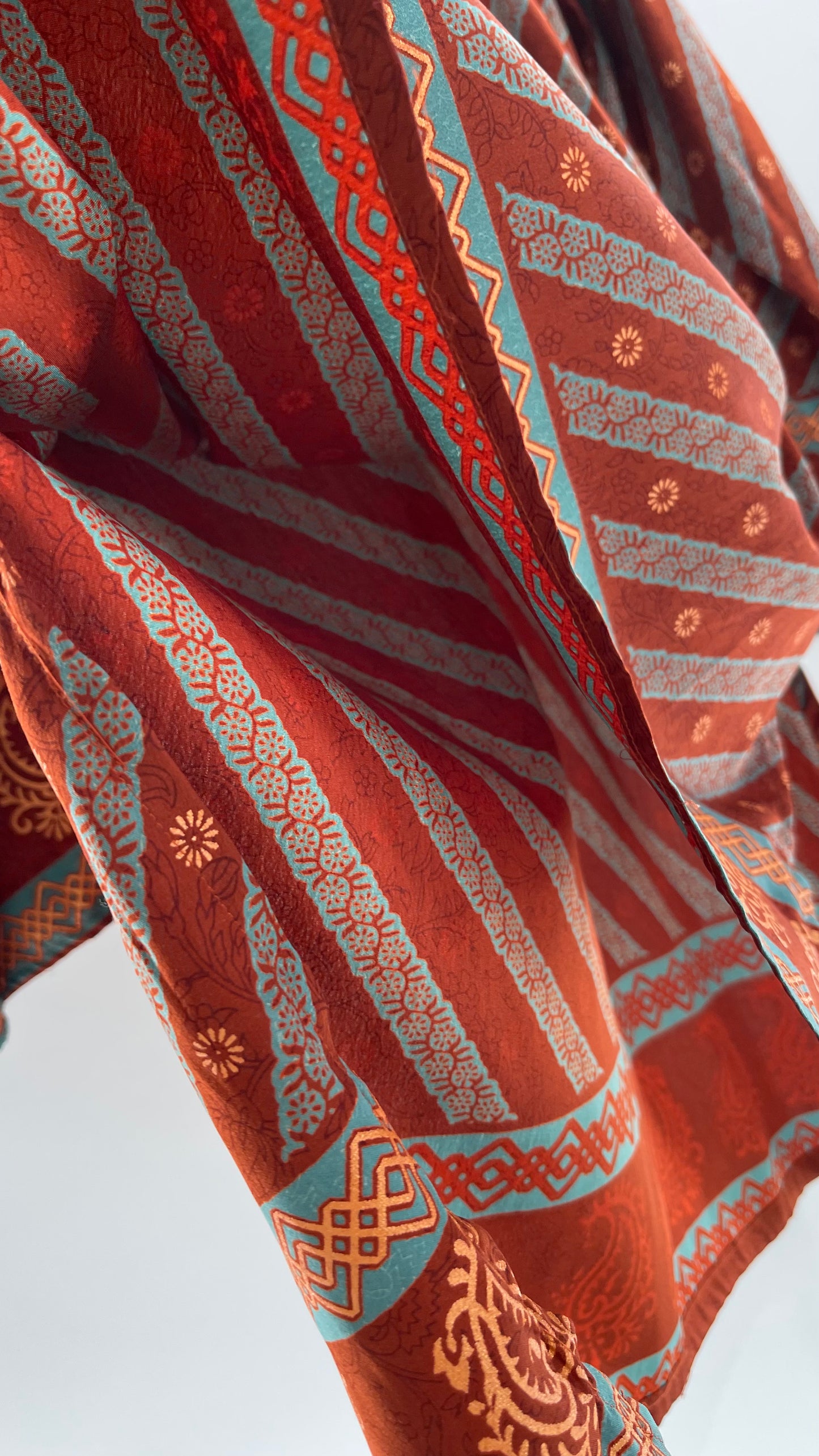Vintage 1970s Indian 100% Silk Tunic Burnt Orange, Teal and Gold (40)