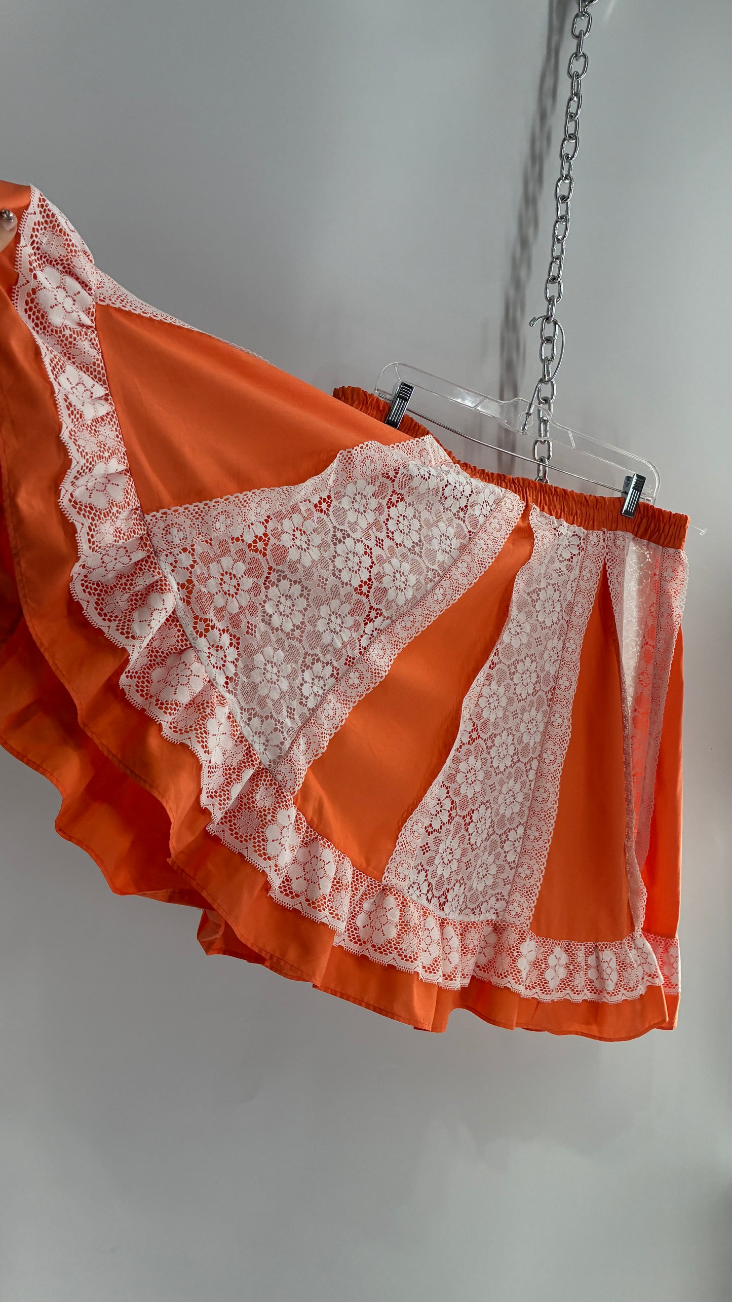 Vintage 1970s Handmade Sheer Lace Paneled Orange Mini Skirt (XL)
