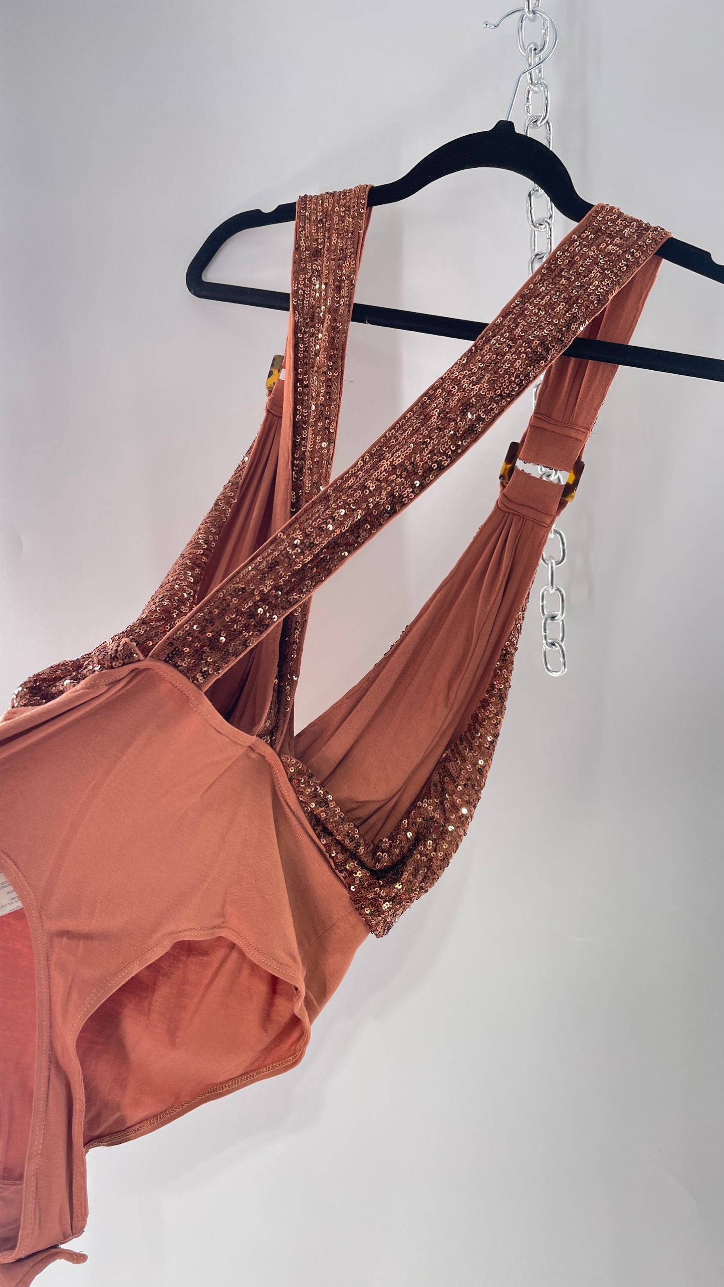 Free People Copper Sequin Draping Bodysuit with Tortoise Shell Buckle Detail (Medium)
