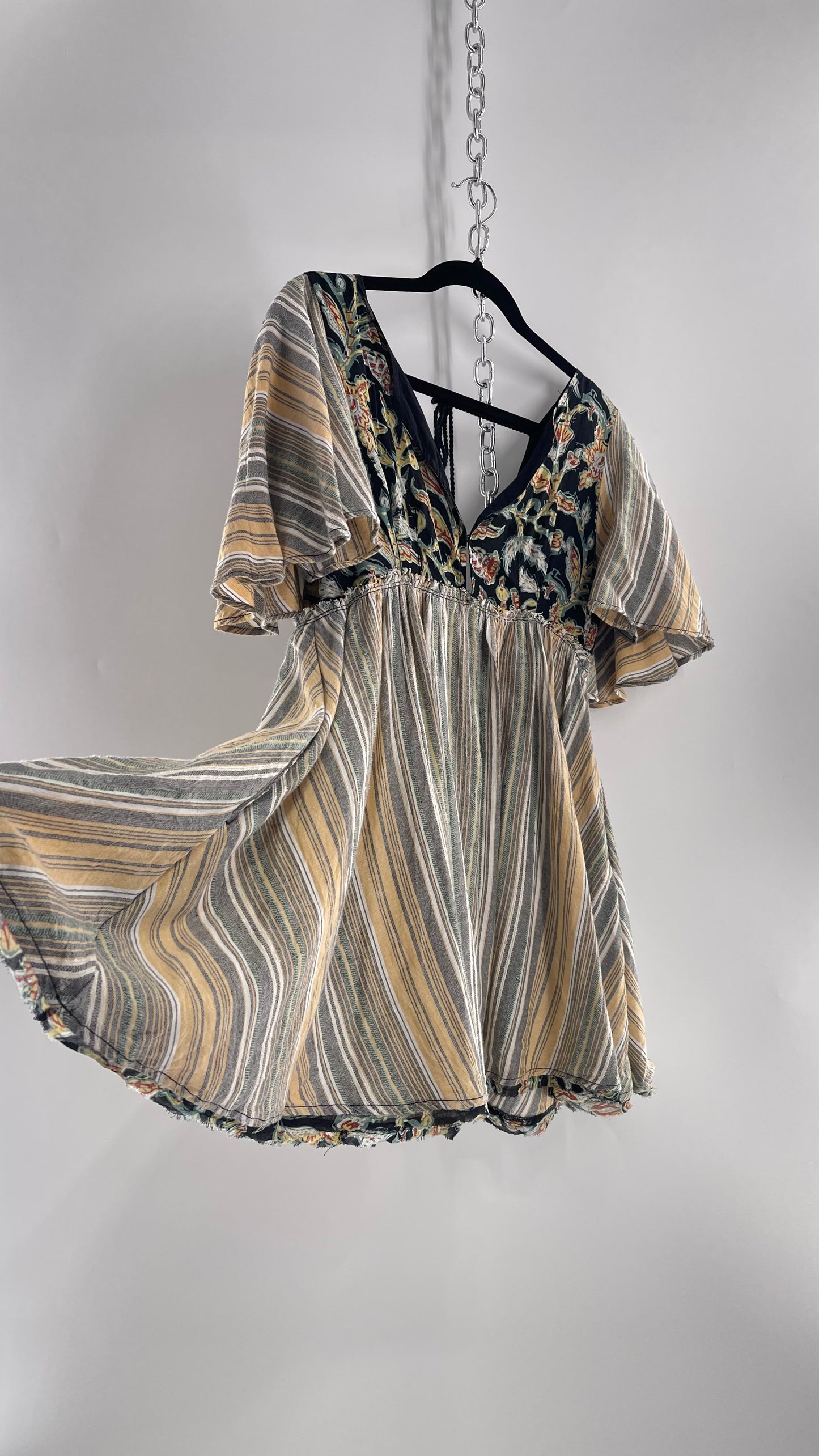 Free People Dual Fabric Floral/Woven Boho Babydoll Mini Dress (XS)
