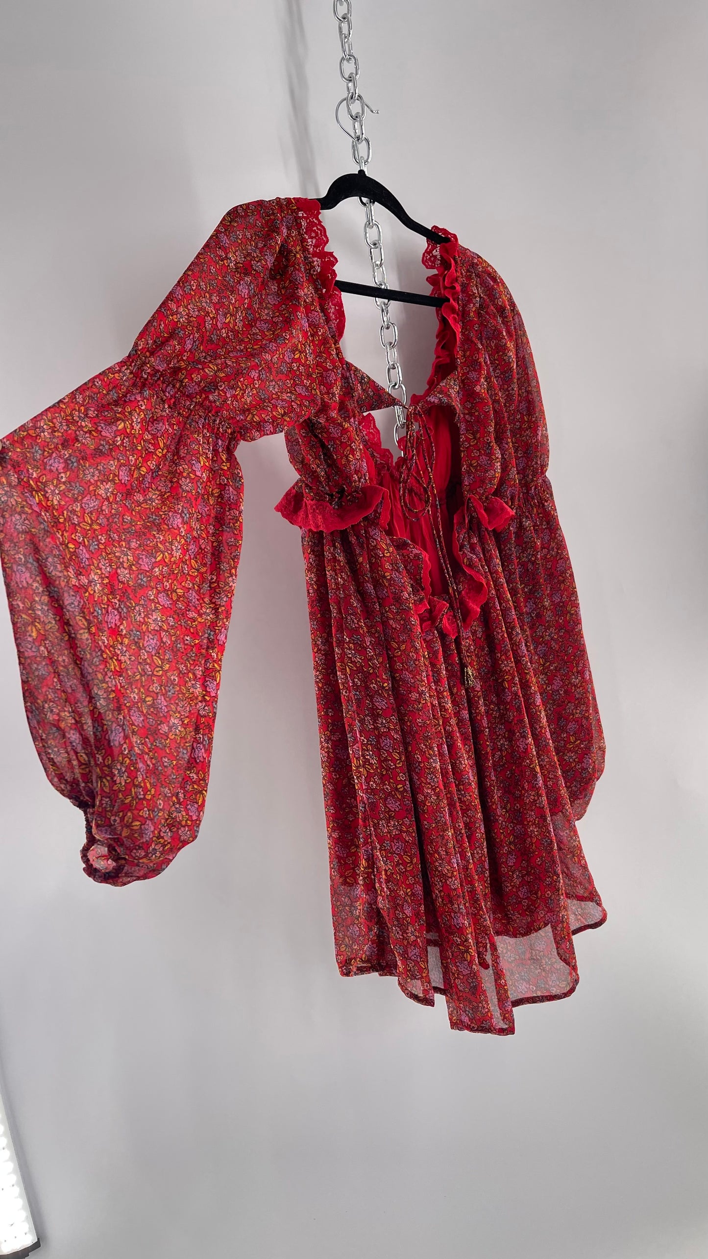 Free People Red Floral Mini Dress with Lace Trim, Open Back and Balloon Sleeves (Small)
