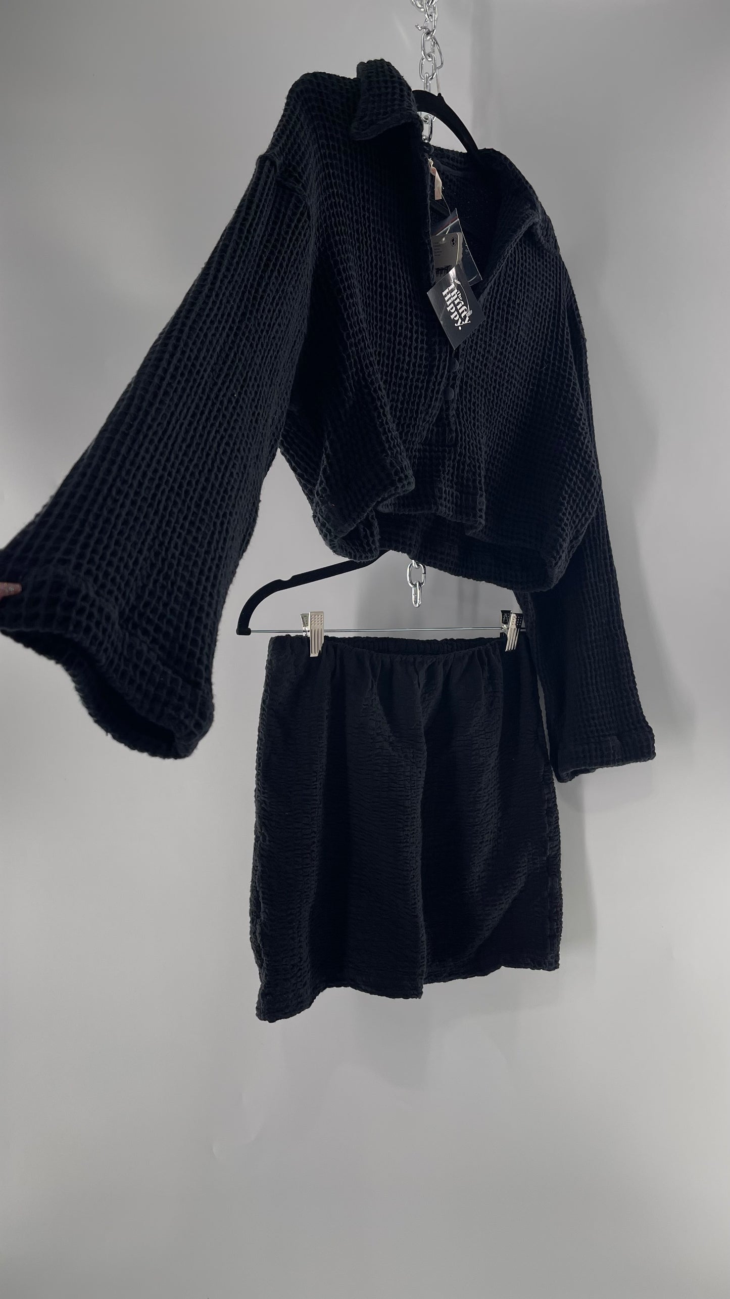 Free People Waffle Knit Black Cropped Button Up and Skirt Set with Tags Attached (Small)
