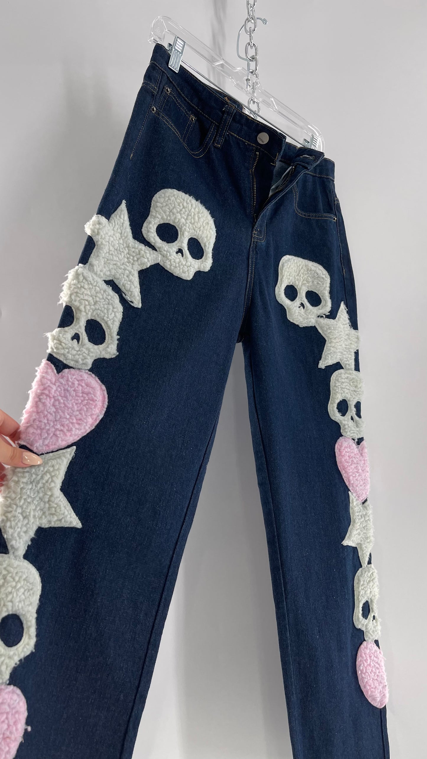 MadeExtreme Dark Wash Denim with Skull/Heart Patches and Bum Embroidery (Medium 8)