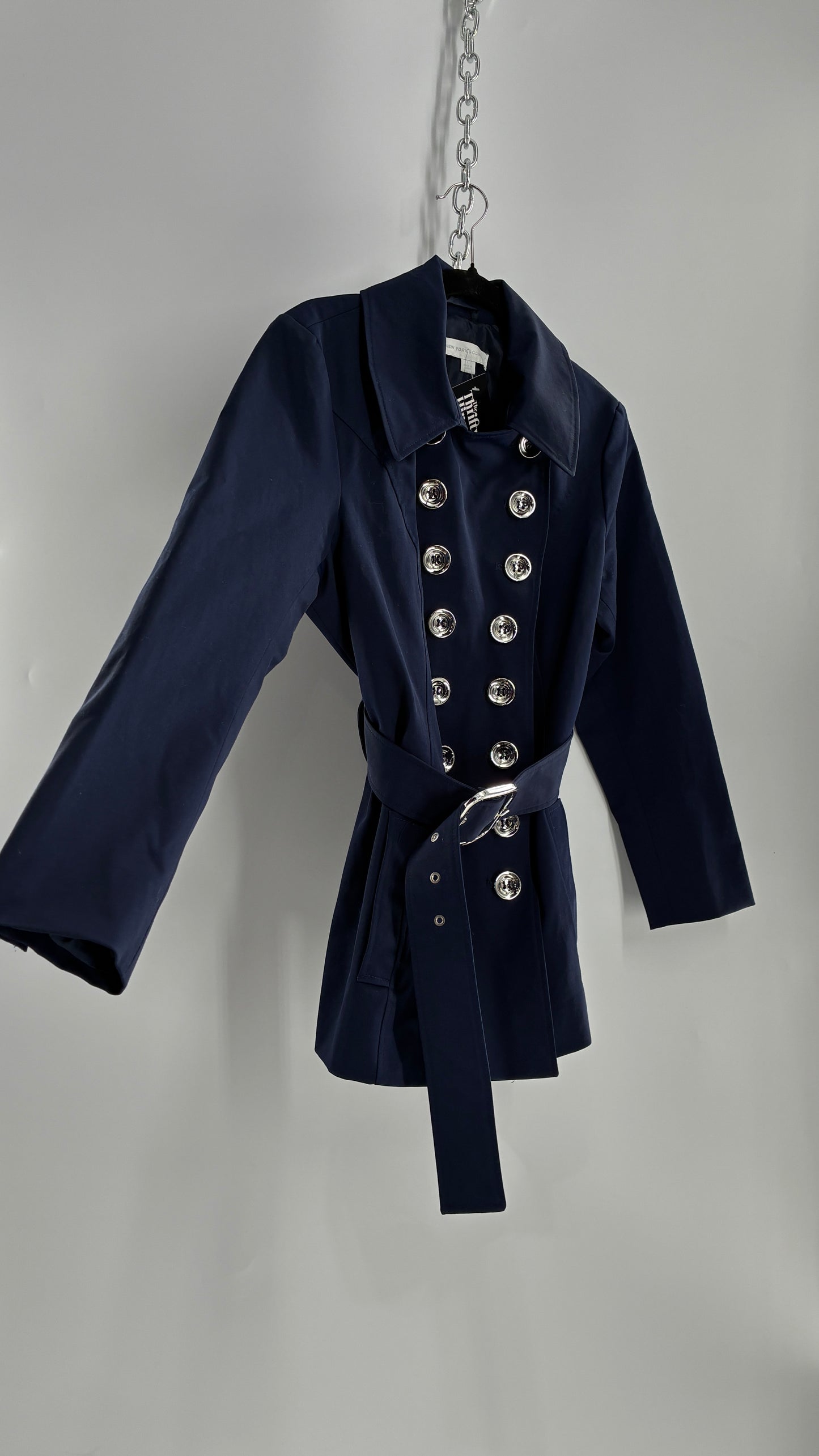 New York & Company Deep Navy Coat with Double Breasted Silver Buttons and Oversized Silver Buckle (Large)