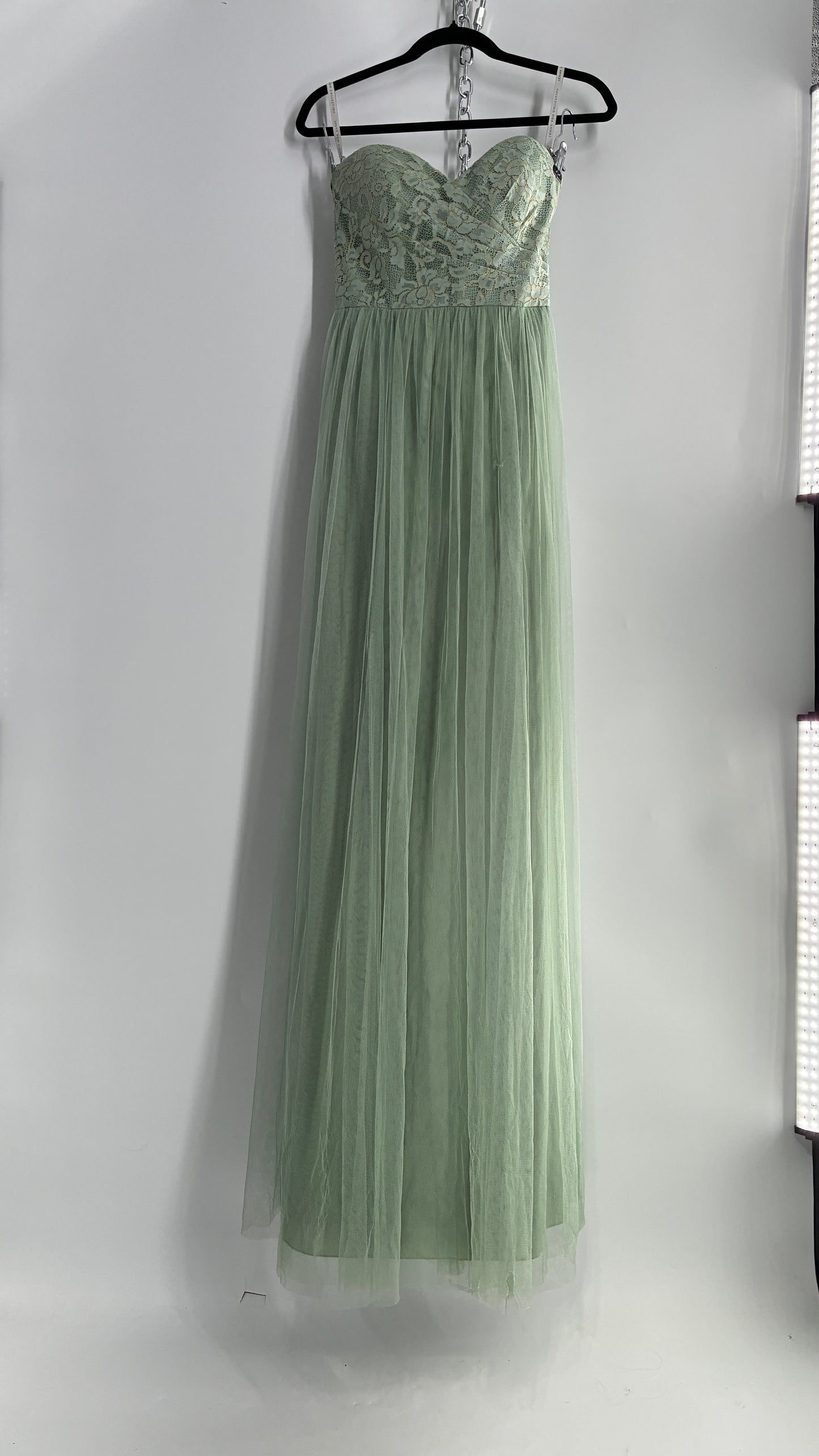 Jenny Yoo Seafoam Green Tulle Full Length Dress with Lace Corset Bodice (8)