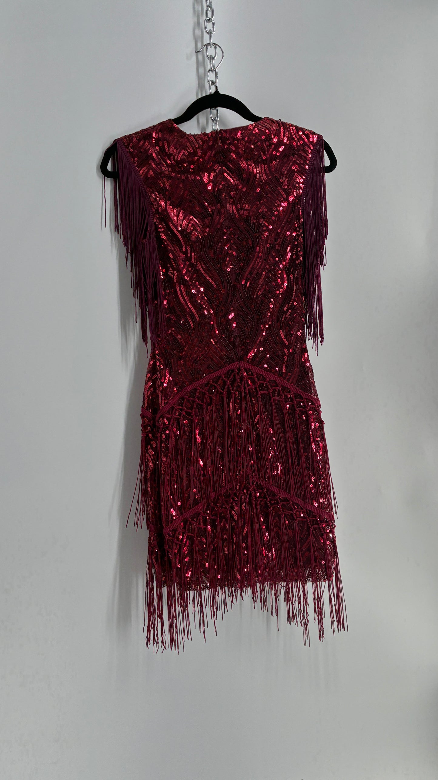 BABEYONO Maroon Sequin Fringe Bodycon Mini Dress (XS)