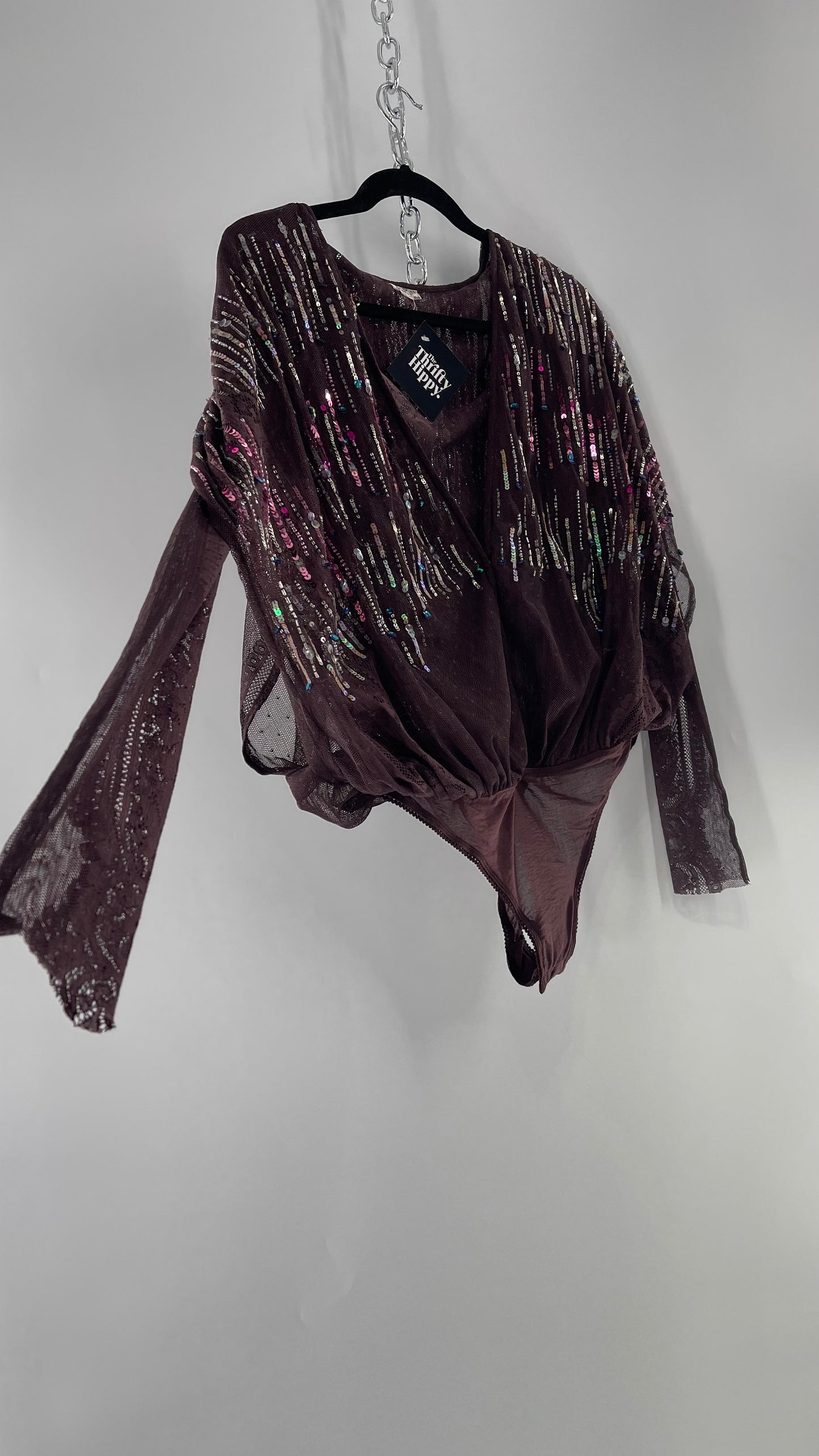 Intimately Free People Plum Mesh Bodysuit with Lace Sleeves and Beaded/Sequined/Embellished Body (Medium)