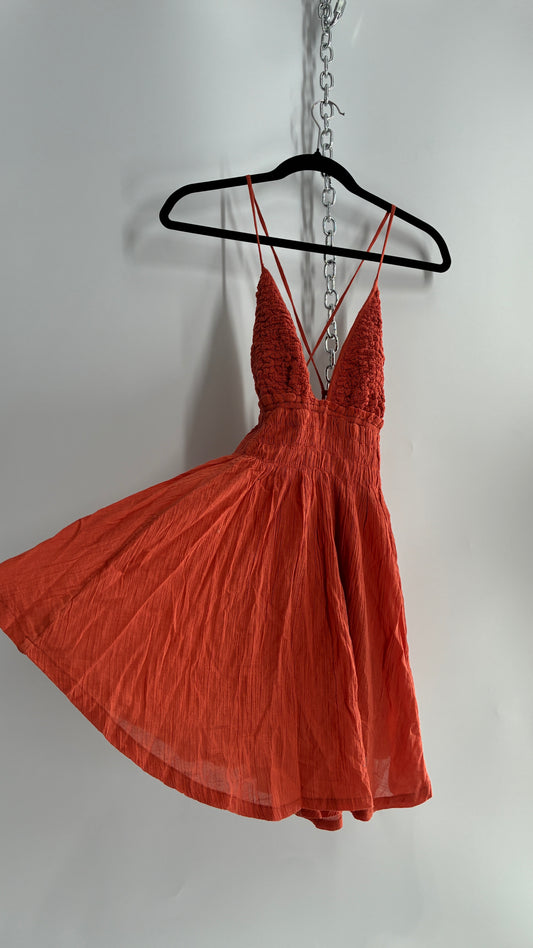 Free People Burnt Orange Smocked Bust Voluminous Mini Dress (Small)