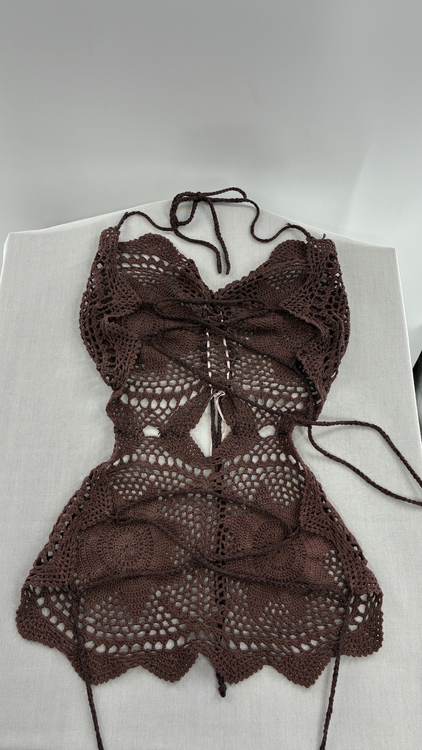 Handmade Brown Crochet Backless Tunic (One Size)