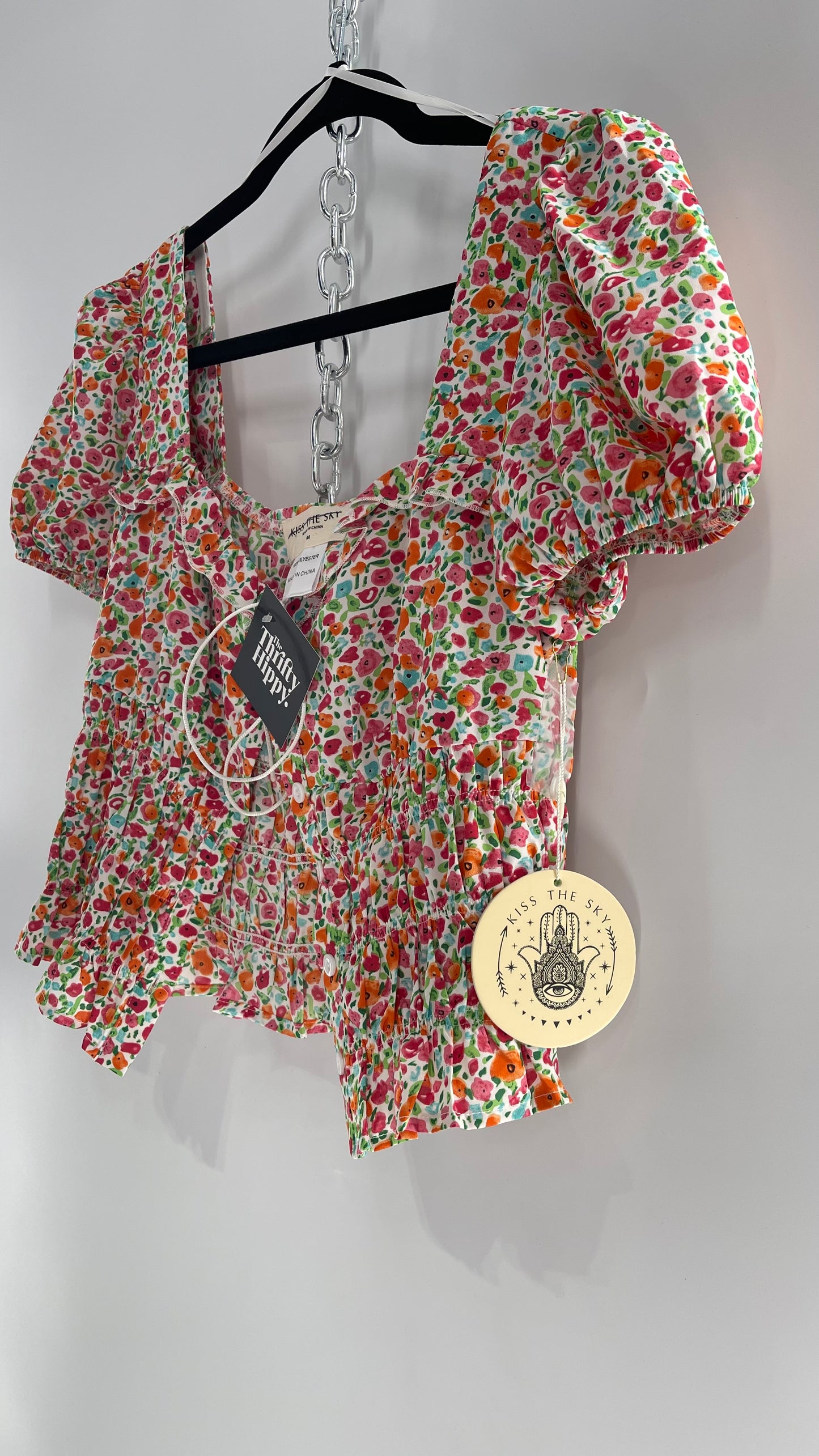 Free People Kiss The Sky Ribbon Bust Floral Prairie Top (Medium)