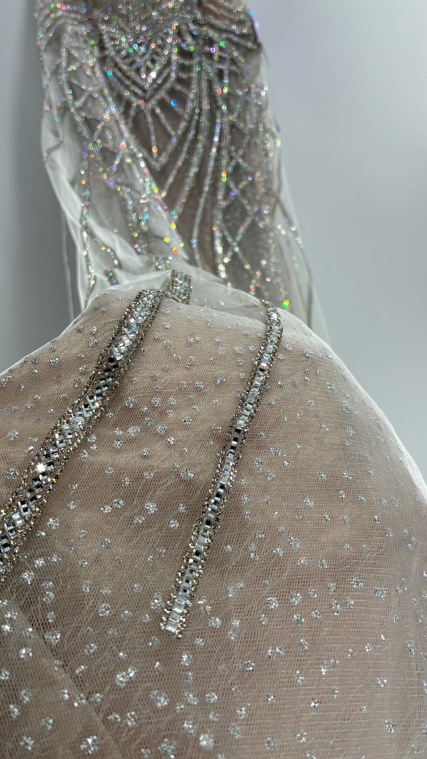 NWT LADIVINE by Cinderella Divine Silver Nude CC6018 Mermaid Corseted Gown with Multiple Layers of Tulle, Covered in Crystal Strips (16)