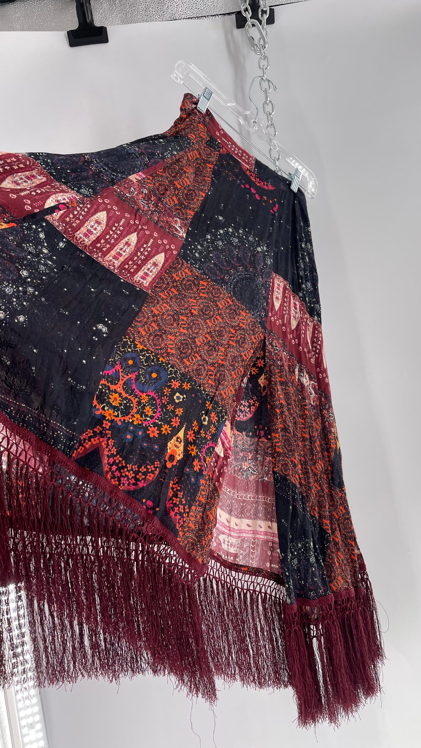 Free People Burgundy Satin Patchwork Patterned Fringe Full Length Skirt with Embossed Symbols and Side Slit Tags Attached (0)